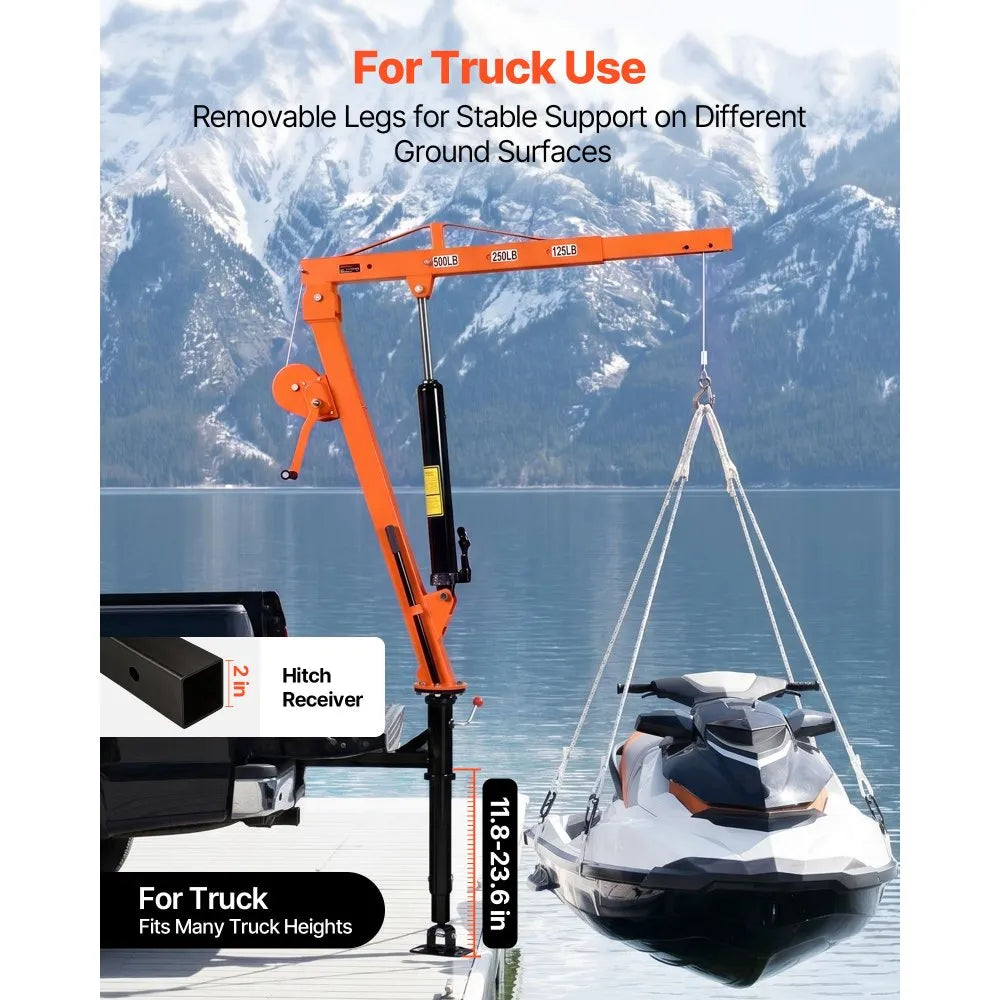 VEVOR Truck Crane, 500 lbs Pickup Hitch Crane Trailer Hitch Mounted with Manual Winch & Hydraulic Jack, 360° Rotating Telescopic Boom, Foldable Truck Bed Jib Hoist for Machine Lumber Equipment Lifting