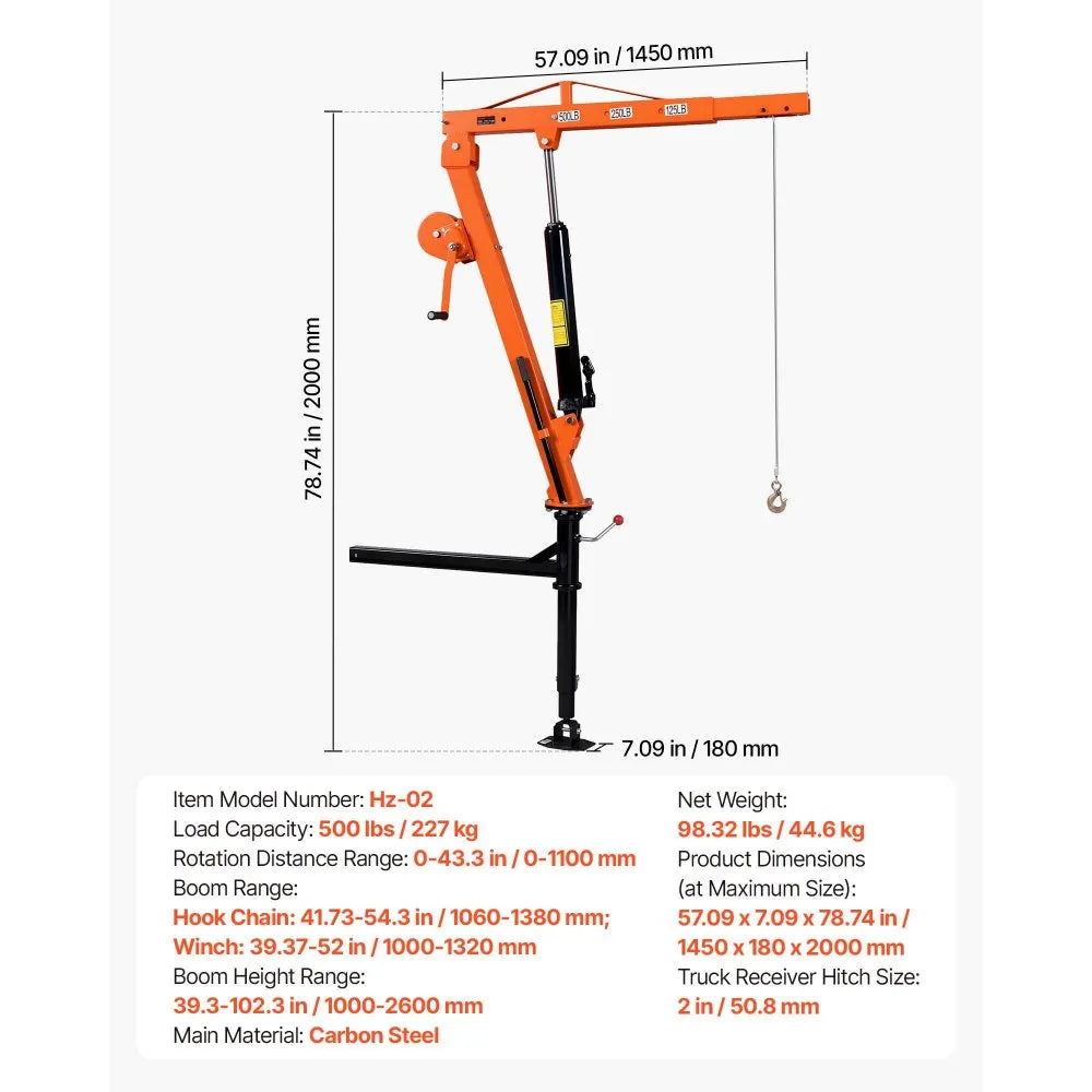 VEVOR Truck Crane, 500 lbs Pickup Hitch Crane Trailer Hitch Mounted with Manual Winch & Hydraulic Jack, 360° Rotating Telescopic Boom, Foldable Truck Bed Jib Hoist for Machine Lumber Equipment Lifting