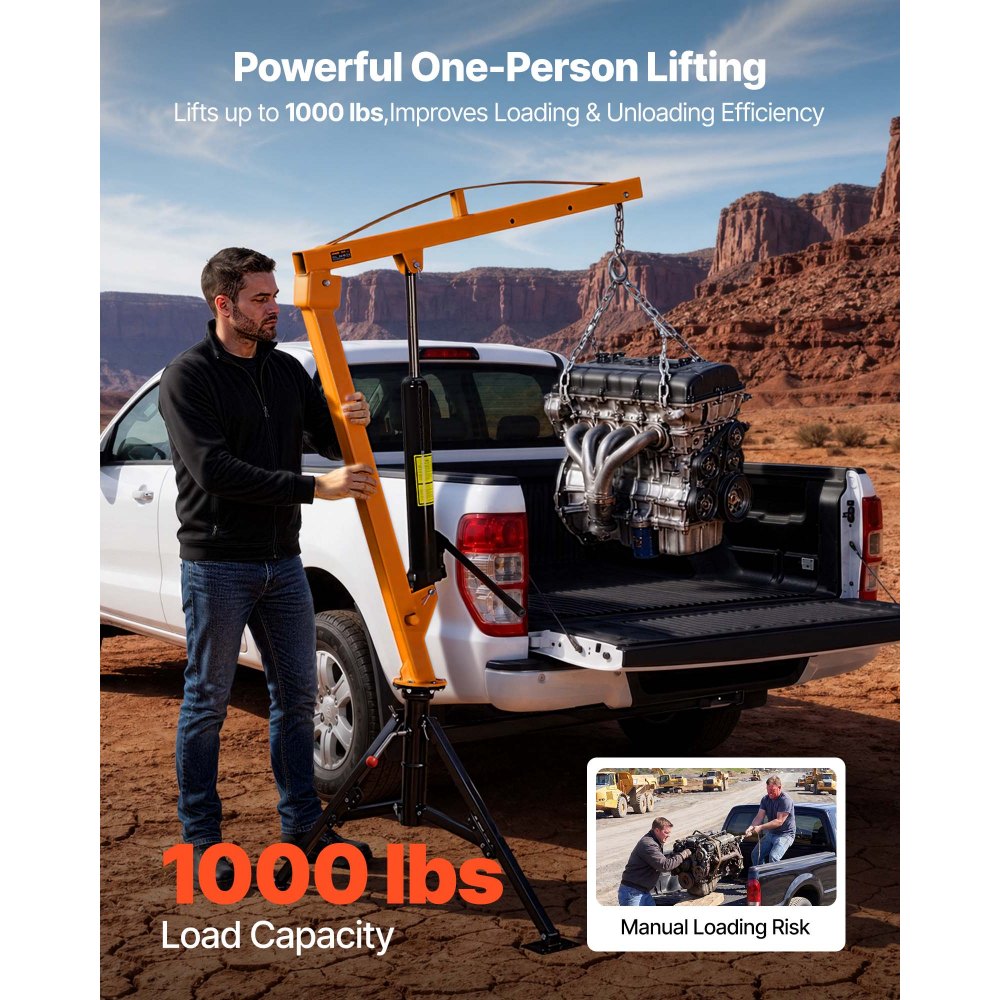 VEVOR Truck Crane, 1000 lbs Pickup Hitch Crane Trailer Hitch Mounted, Manual Hydraulic with 8T Hydraulic Jack, 360° Rotating Telescopic Boom,Foldable Truck Bed Jib for Machine Lumber Equipment Lifting