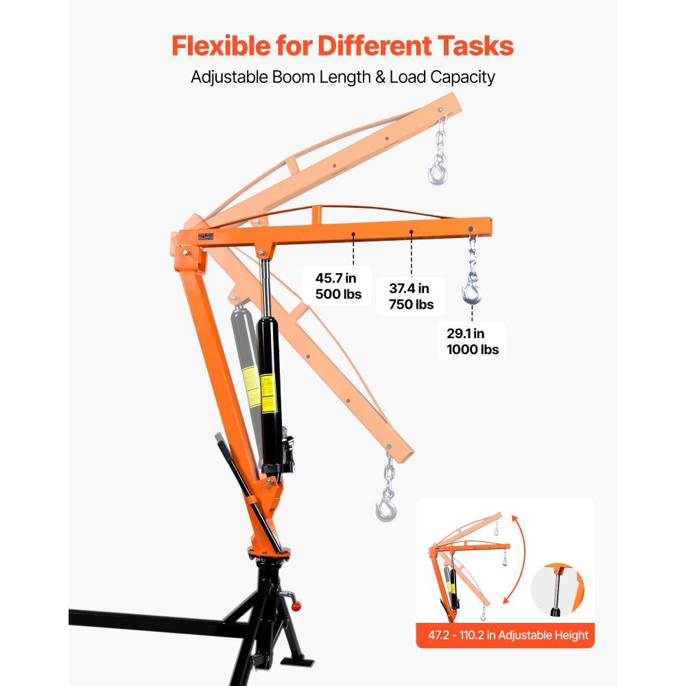 VEVOR Truck Crane, 1000 lbs Pickup Hitch Crane Trailer Hitch Mounted, Manual Hydraulic with 8T Hydraulic Jack, 360° Rotating Telescopic Boom,Foldable Truck Bed Jib for Machine Lumber Equipment Lifting