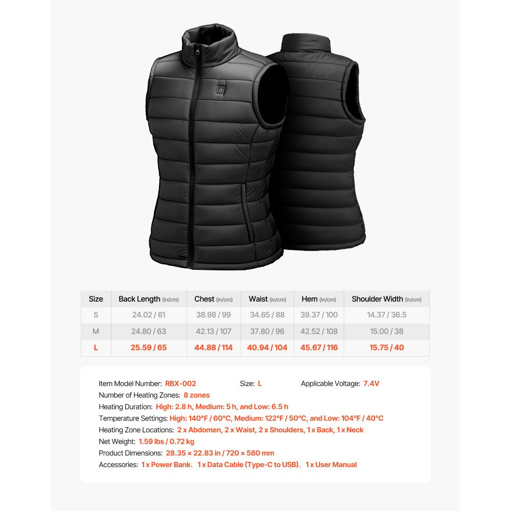 VEVOR Heated Vest, Women Electric Heating Vest with 16000 mAh Battery Pack, 8 Heating Zones Lightweight Rechargeable Winter-Vest with 3 Levels, for Outdoor Hiking Camping Fishing Skiing, Size L