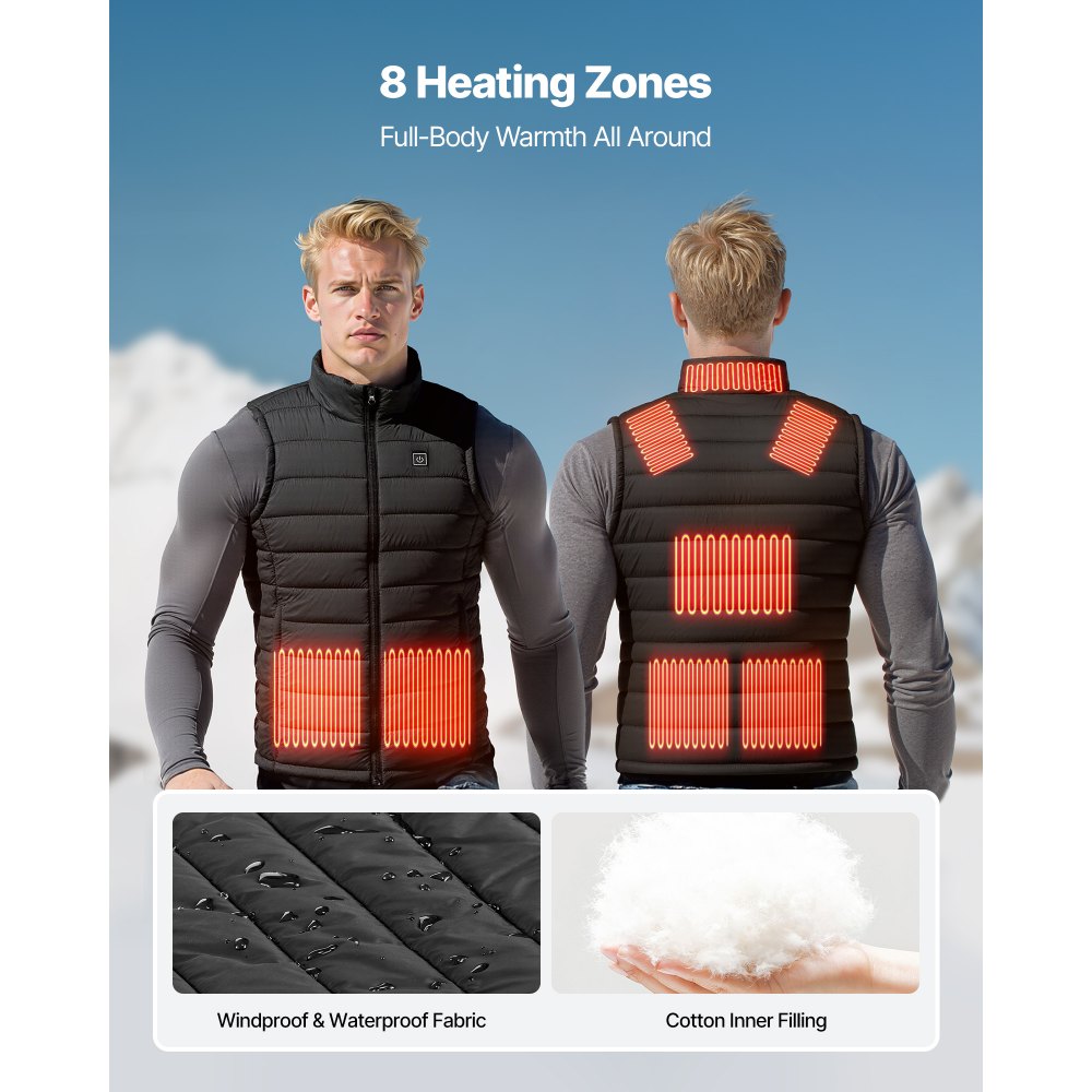 VEVOR Heated Vest, Men Electric Heating Vest with 16000 mAh Battery Pack, 8 Heating Zones Lightweight Rechargeable Winter-Vest with 3 Levels, for Outdoor Hiking Camping Fishing Skiing, Size XL