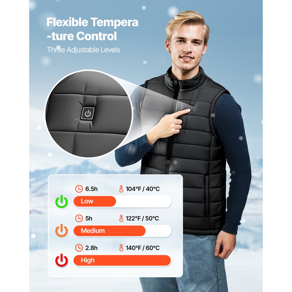 VEVOR Heated Vest, Men Electric Heating Vest with 16000 mAh Battery Pack, 8 Heating Zones Lightweight Rechargeable Winter-Vest with 3 Levels, for Outdoor Hiking Camping Fishing Skiing, Size XL