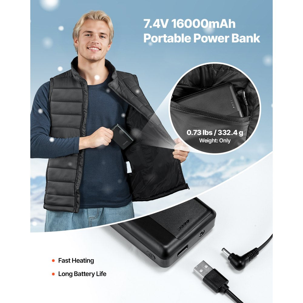 VEVOR Heated Vest, Men Electric Heating Vest with 16000 mAh Battery Pack, 8 Heating Zones Lightweight Rechargeable Winter-Vest with 3 Levels, for Outdoor Hiking Camping Fishing Skiing, Size XL