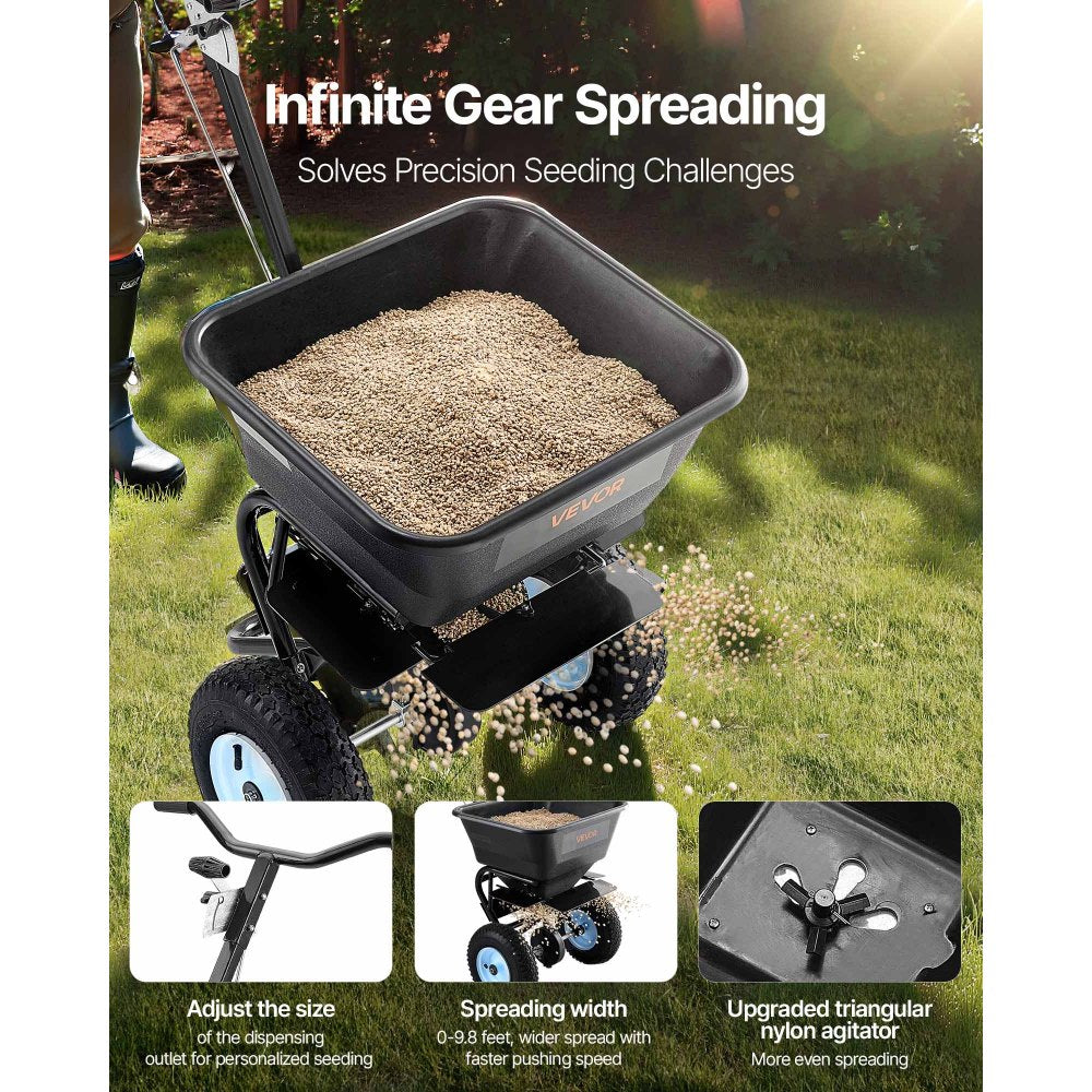 VEVOR Broadcast Spreader, 100LBS4Capacity, Walk-Behind Push Spreader, 0-9.8ft Spreading Width, 13 in All Terrain Pneumatic Tires, Lawn Spreaders with Hopper Grate, for Seed, Fertilizer, Salt, Ice Melt