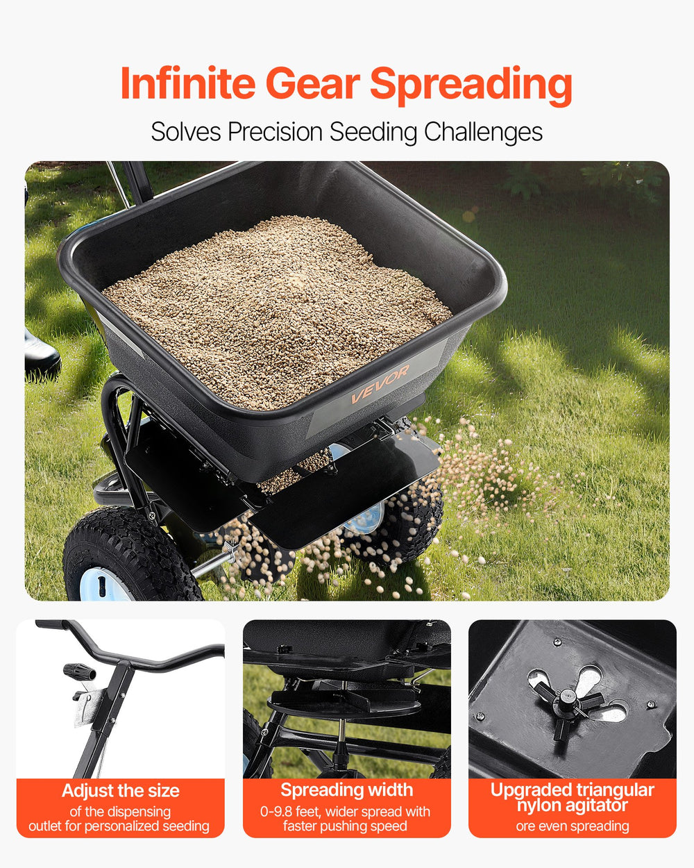 VEVOR Lawn Spreader, 100LBS Capacity, Walk-Behind Push Spreader, 0-9.8ft Spreading Width, 13 in All Terrain Pneumatic Tires, Fertilizer Spreaders with Hopper Grate, for Seed Salt Ice Melt