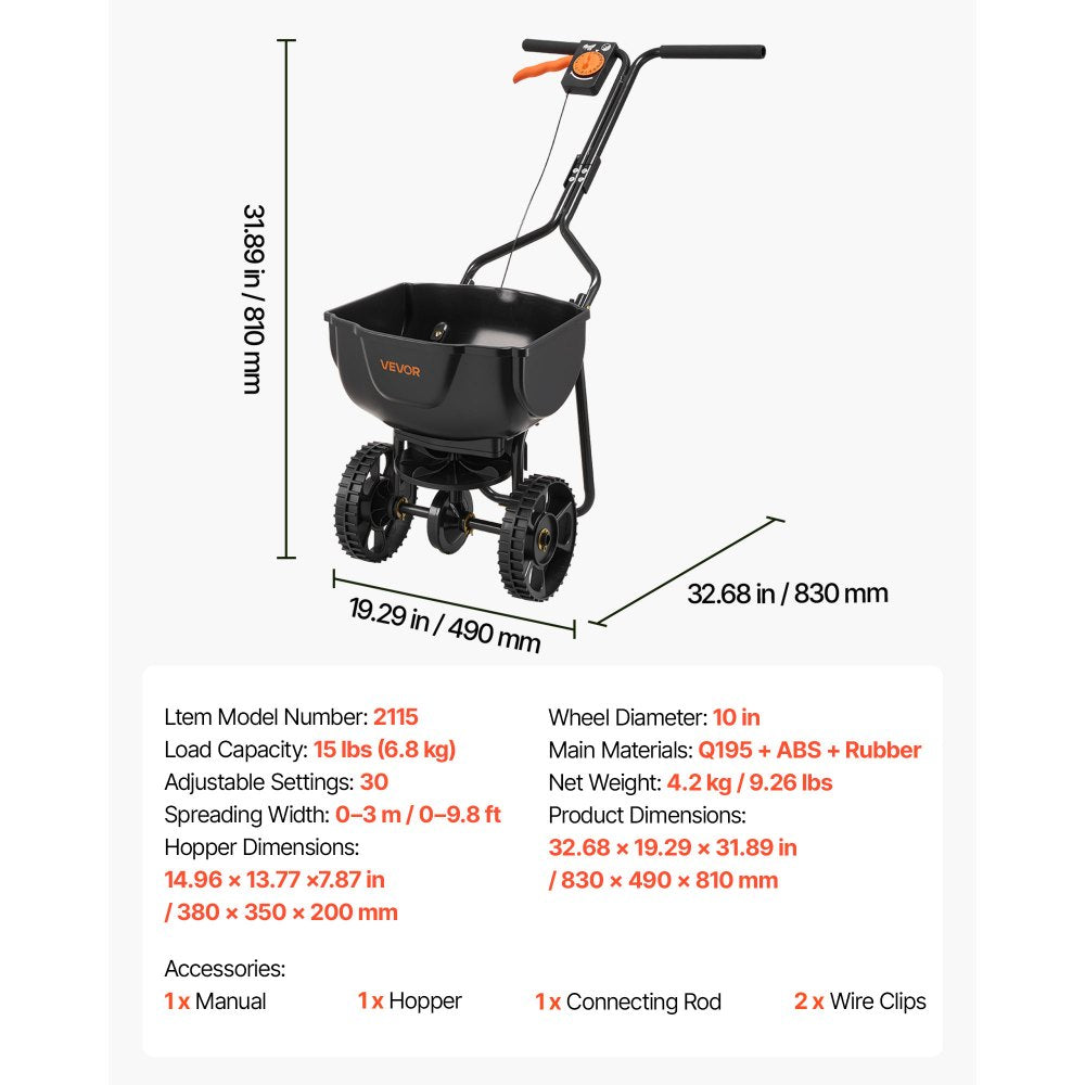 VEVOR Walk-Behind Spreader, 9.8ft Spreading Width, Push Broadcast Spreader with 10" All-Terrain Tires, Adjustable Flow Control, 15lbs Capacity Hopper, Lawn Spreaders for Fertilizer Seed Small Home Use