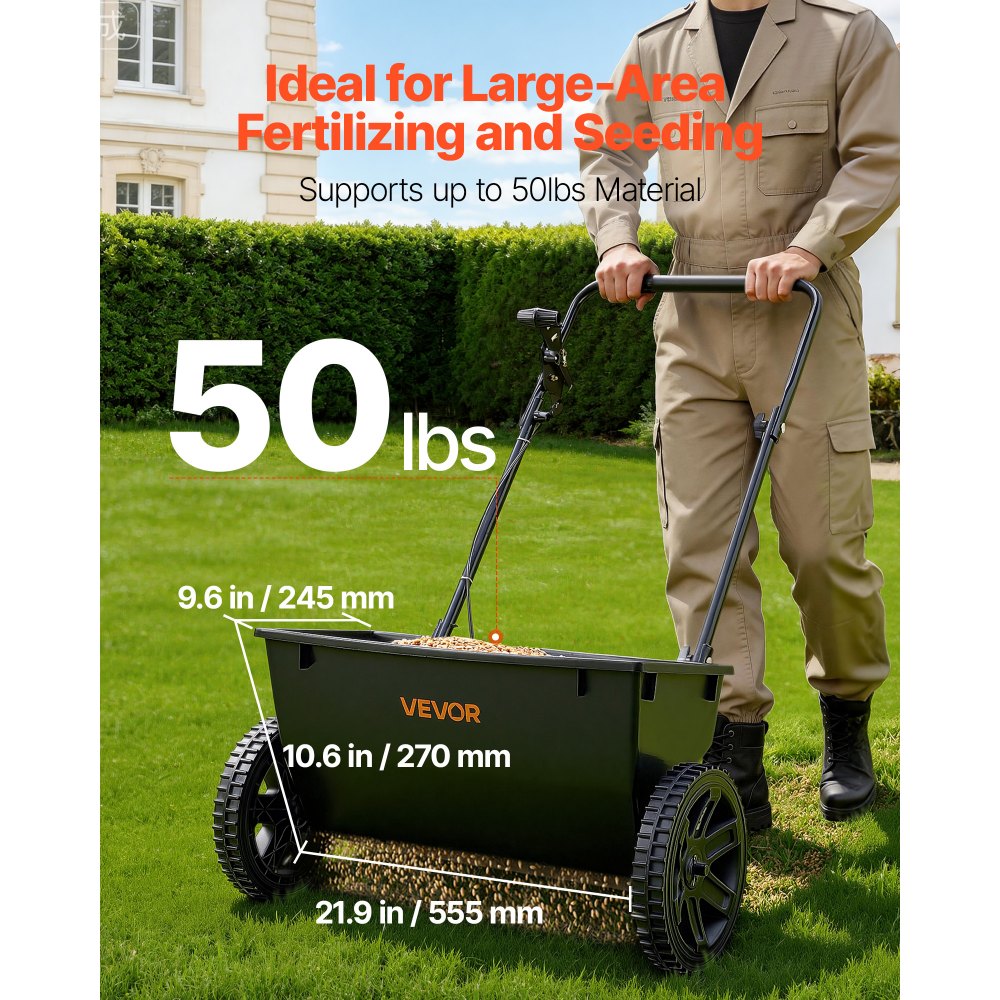 VEVOR Broadcast Spreader 50 lbs Capacity Walk-Behind Push Drop Spreader, for Lawn & Garden Care, 18 in Spreading Width & 10 Adjustable Settings, 10 in All Terrain Tires for Seed, Fertilizer, Black