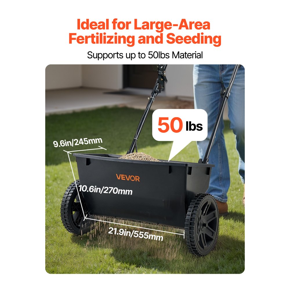VEVOR Walk-Behind Push Spreader, 50LBS Capacity, Drop Spreader with Hopper Grate, 18 in Spreading Width & 30 Settings, 10 in All Terrain Tires, Garden & Lawn Spreaders for Seed, Fertilizer, Salt