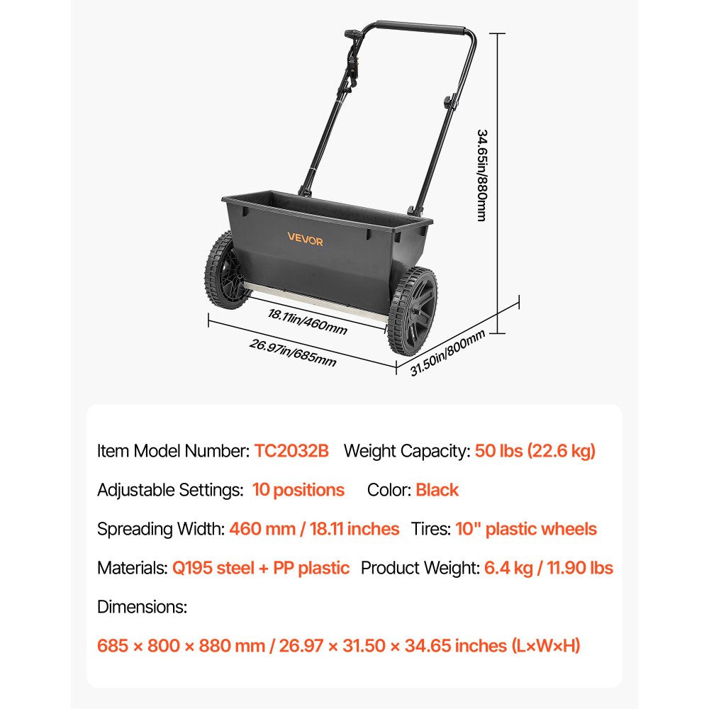 VEVOR Walk-Behind Push Spreader, 50LBS Capacity, Drop Spreader with Hopper Grate, 18 in Spreading Width & 30 Settings, 10 in All Terrain Tires, Garden & Lawn Spreaders for Seed, Fertilizer, Salt