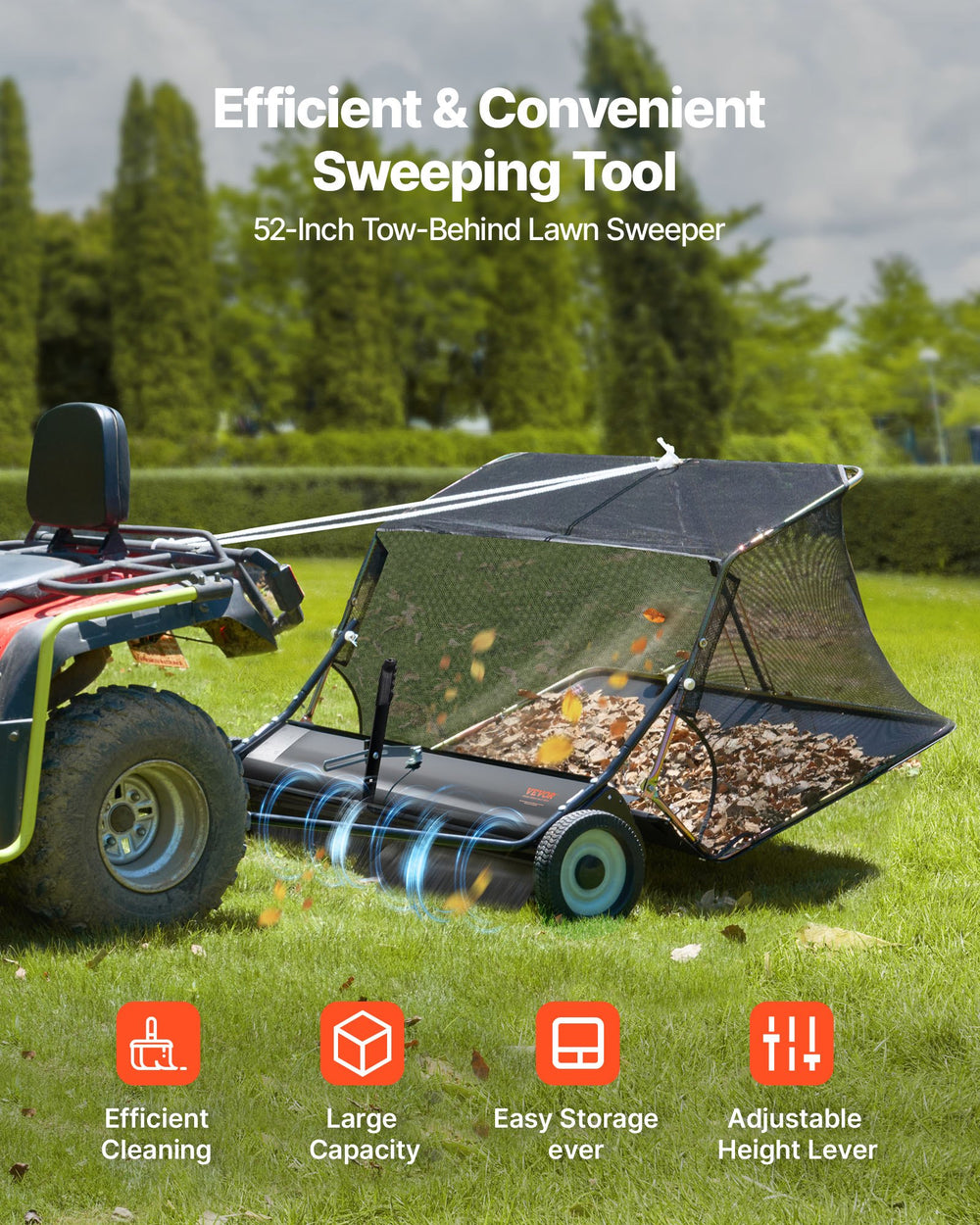 VEVOR 52-inch tow-behind lawn sweeper in use - Efficient & Convenient Sweeping Tool