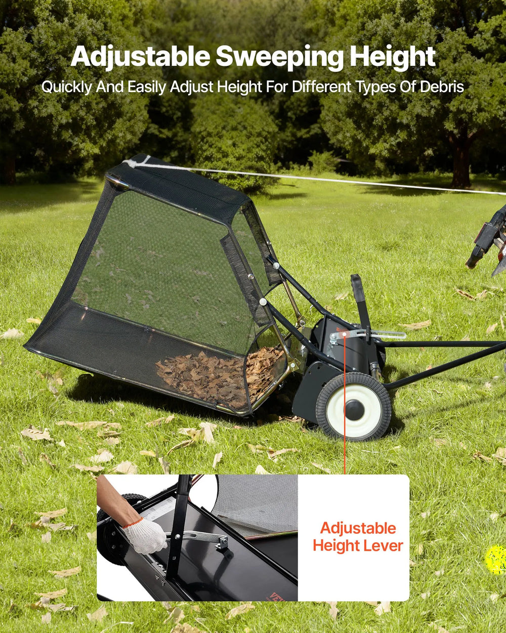 VEVOR lawn sweeper - Adjustable sweeping height with hand lever
