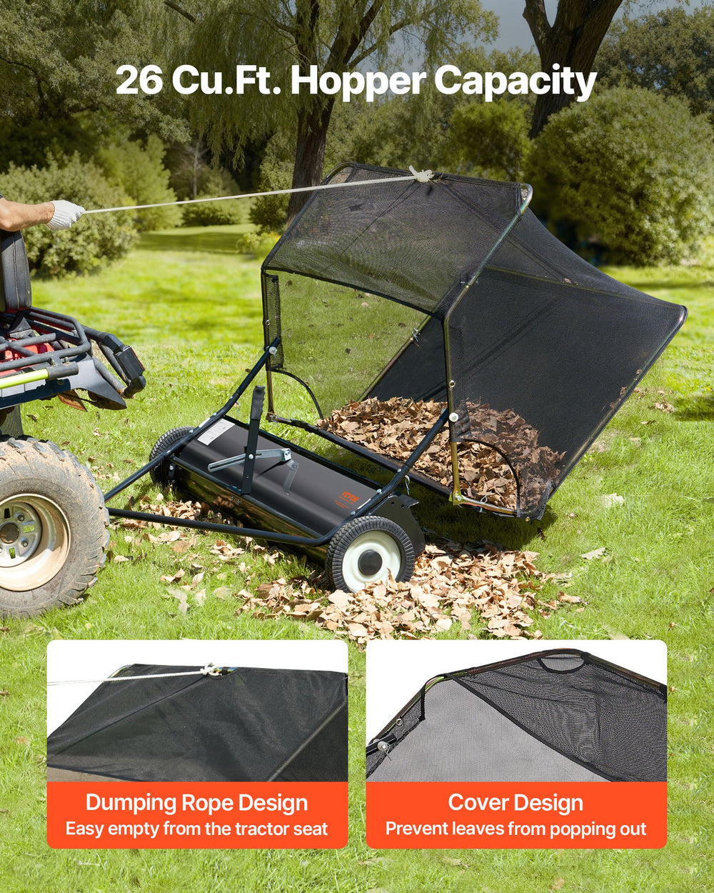 VEVOR lawn sweeper - 26 cu.ft. hopper capacity with dumping rope and cover design