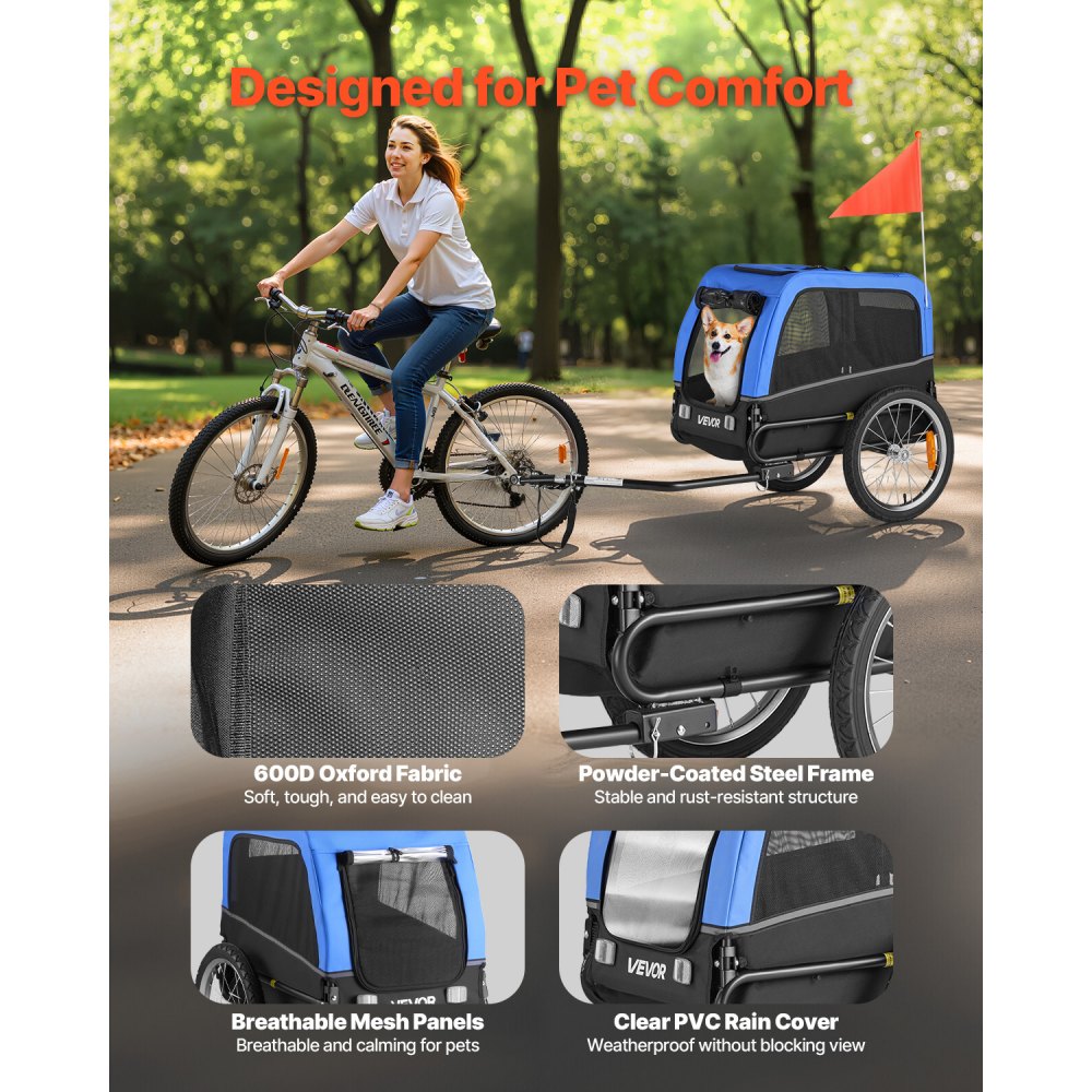 VEVOR Dog Bike Trailer, Supports up to 66 lbs, Pet Cart Bicycle Carrier for Small & Medium Dogs, Easy Folding Frame with Quick Release Wheel, Universal Bicycle Coupler, Reflector, Flag, Internal Leash