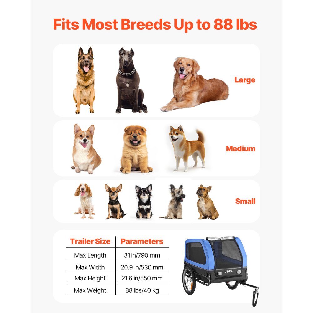 VEVOR Dog Bike Trailer, Supports up to 88 lbs, Pet Cart Bicycle Carrier for Small & Large Dogs, Easy Folding Frame with Quick Release Wheel, Universal Bicycle Coupler, Reflector, Flag, Internal Leash