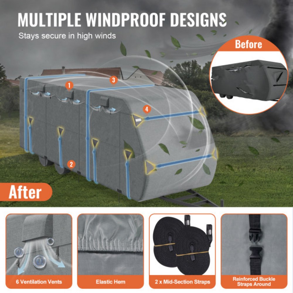 VEVOR Travel Trailer Cover, 28-31 ft RV Cover, Top 300D Oxford Fabric Camper Cover, Waterproof, Windproof and Rip-Stop Class A RV Cover, with Storage Bag, Repair Patches, Straps and Tire Covers
