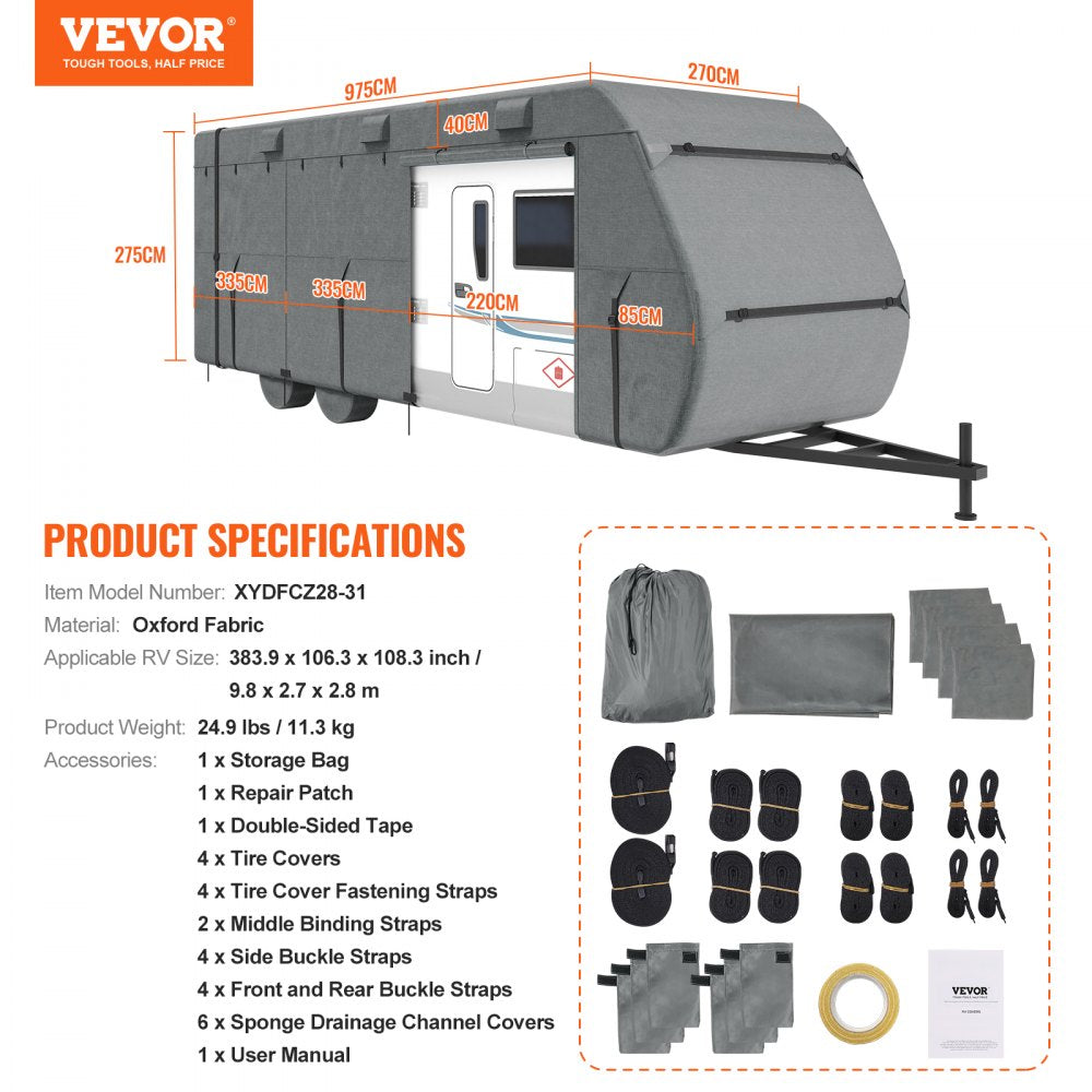 VEVOR Travel Trailer Cover, 28-31 ft RV Cover, Top 300D Oxford Fabric Camper Cover, Waterproof, Windproof and Rip-Stop Class A RV Cover, with Storage Bag, Repair Patches, Straps and Tire Covers