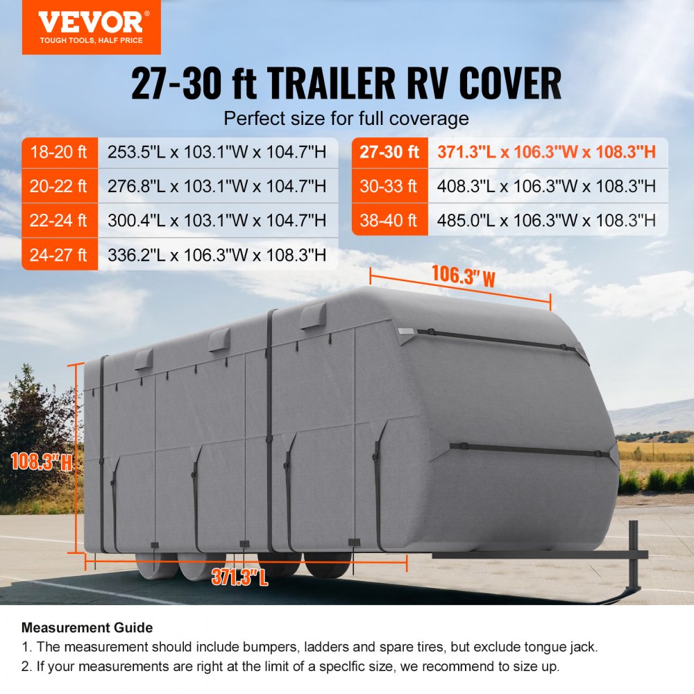VEVOR Travel Trailer Cover, 27-30 ft RV Cover, 4-Layer Non-Woven Fabric Camper Cover, Waterproof, Windproof and Rip-Stop Class A RV Cover, with Storage Bag, Repair Patches, Straps and Tire Covers