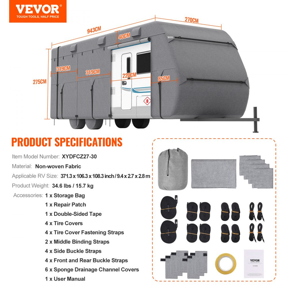 VEVOR Travel Trailer Cover, 27-30 ft RV Cover, 4-Layer Non-Woven Fabric Camper Cover, Waterproof, Windproof and Rip-Stop Class A RV Cover, with Storage Bag, Repair Patches, Straps and Tire Covers