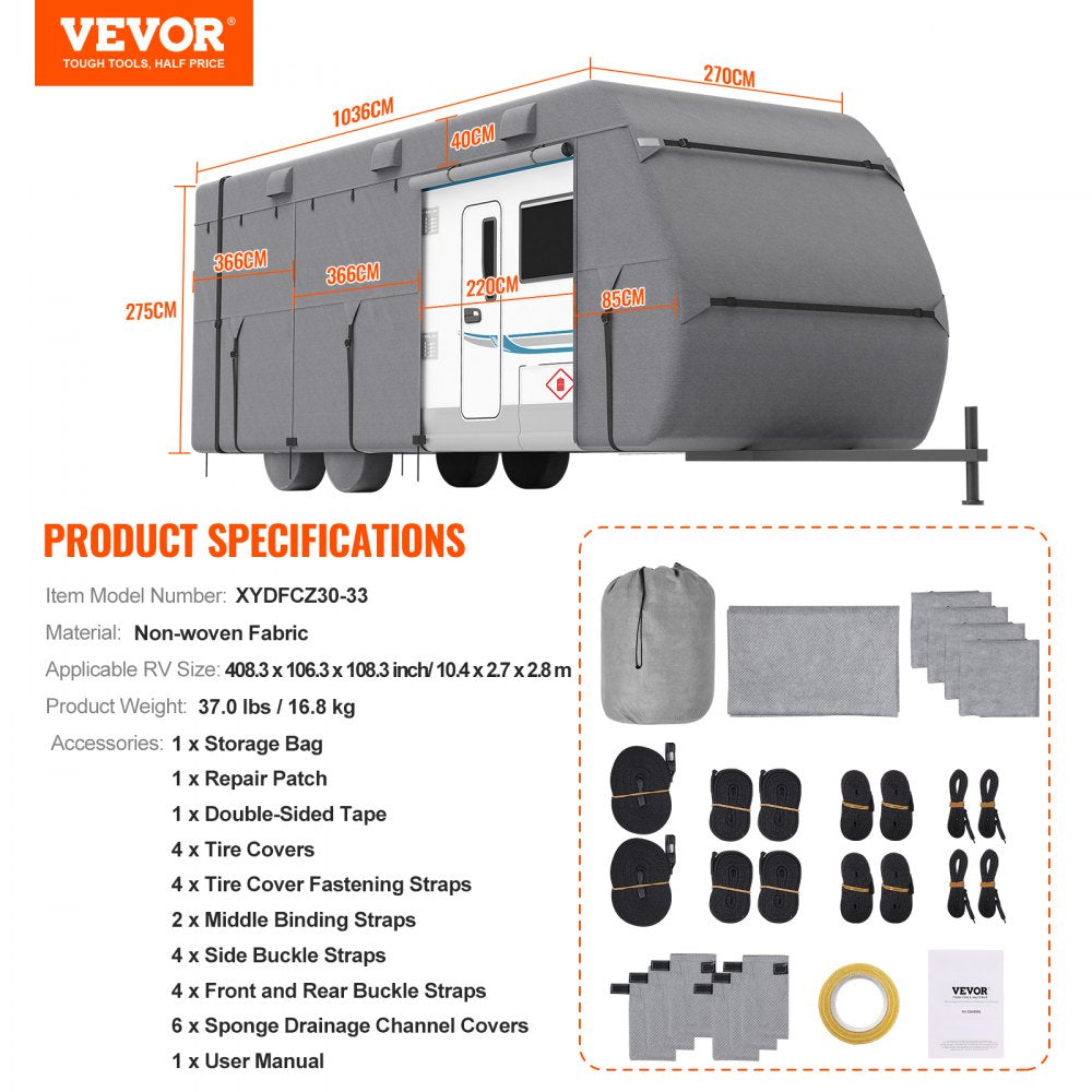 VEVOR Travel Trailer Cover, 30-33 ft RV Cover, 4-Layer Non-Woven Fabric Camper Cover, Waterproof, Windproof and Rip-Stop Class A RV Cover, with Storage Bag, Repair Patches, Straps and Tire Covers