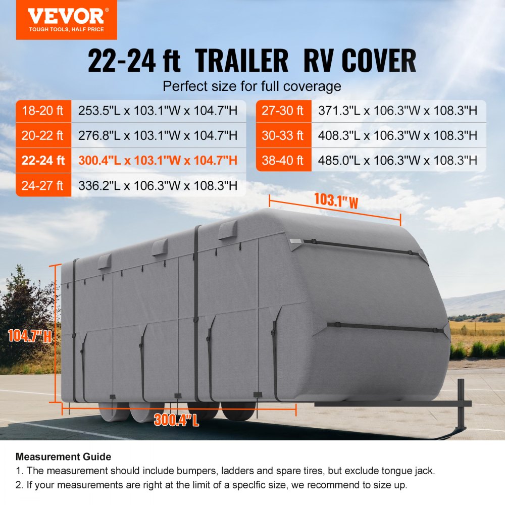 VEVOR Travel Trailer Cover, 22-24 ft RV Cover, 4-Layer Non-Woven Fabric Camper Cover, Waterproof, Windproof and Rip-Stop Class A RV Cover, with Storage Bag, Repair Patches, Straps and Tire Covers