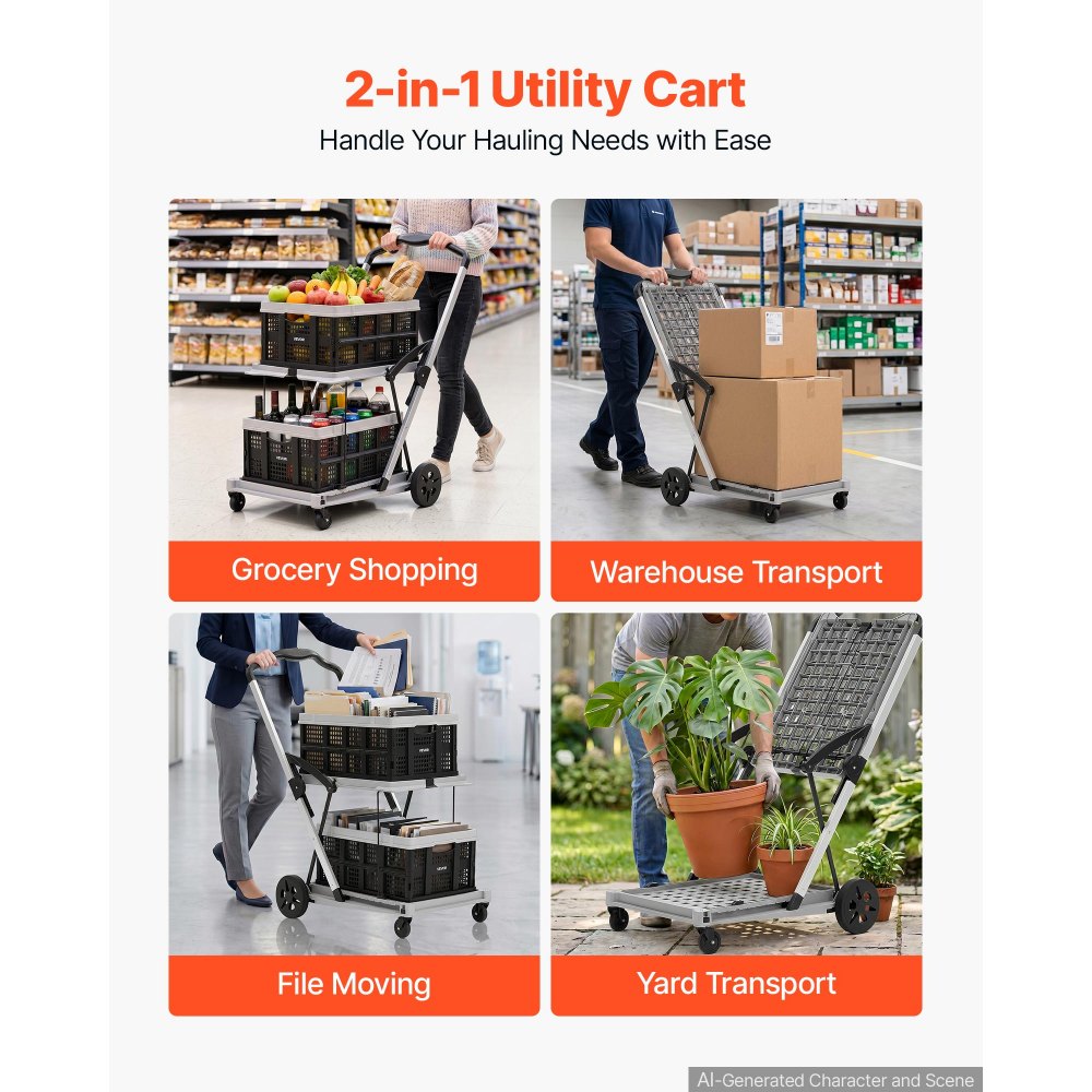 VEVOR Collapsible Shopping Cart with Wheels Foldable for Grocery Black Gray, 200lbs Capacity Rolling Utility Cart, Storage Crate & Foot Brake, Portable Folding for Groceries, Warehouse, Supermarket