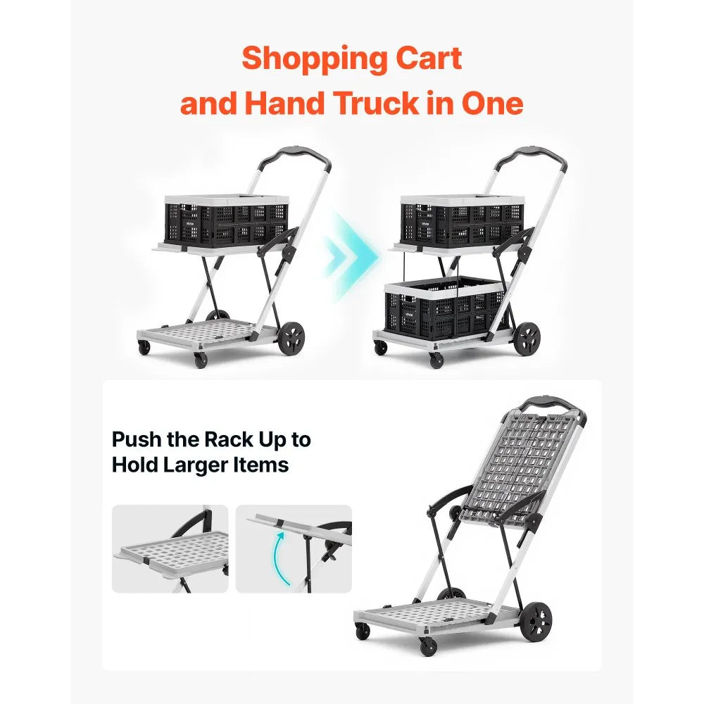 VEVOR Collapsible Shopping Cart with Wheels Foldable for Grocery Black Gray, 200lbs Capacity Rolling Utility Cart, Storage Crate & Foot Brake, Portable Folding for Groceries, Warehouse, Supermarket