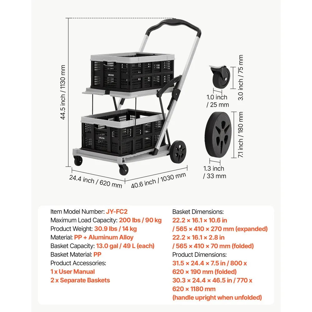 VEVOR Collapsible Shopping Cart with Wheels Foldable for Grocery Black Gray, 200lbs Capacity Rolling Utility Cart, Storage Crate & Foot Brake, Portable Folding for Groceries, Warehouse, Supermarket
