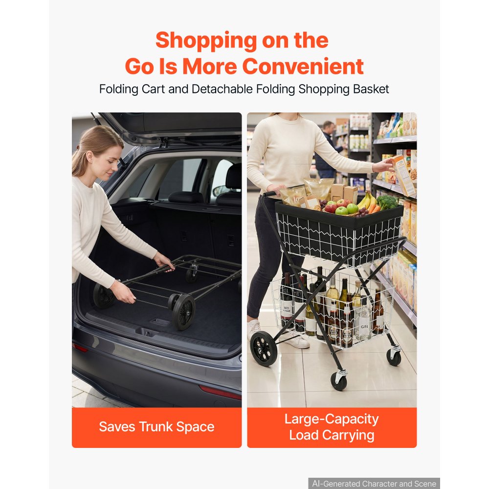 VEVOR Shopping Cart 2-Tier with Wheels Foldable for Grocery 88lbs Capacity, Heavy Duty Utility Cart with 2 Detachable Storage Baskets, 360° Rolling Swivel Wheels, for Groceries, Warehouse, Supermarket