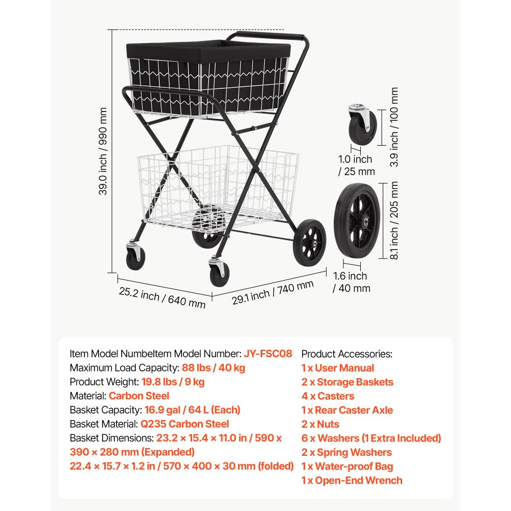 VEVOR Shopping Cart 2-Tier with Wheels Foldable for Grocery 88lbs Capacity, Heavy Duty Utility Cart with 2 Detachable Storage Baskets, 360° Rolling Swivel Wheels, for Groceries, Warehouse, Supermarket