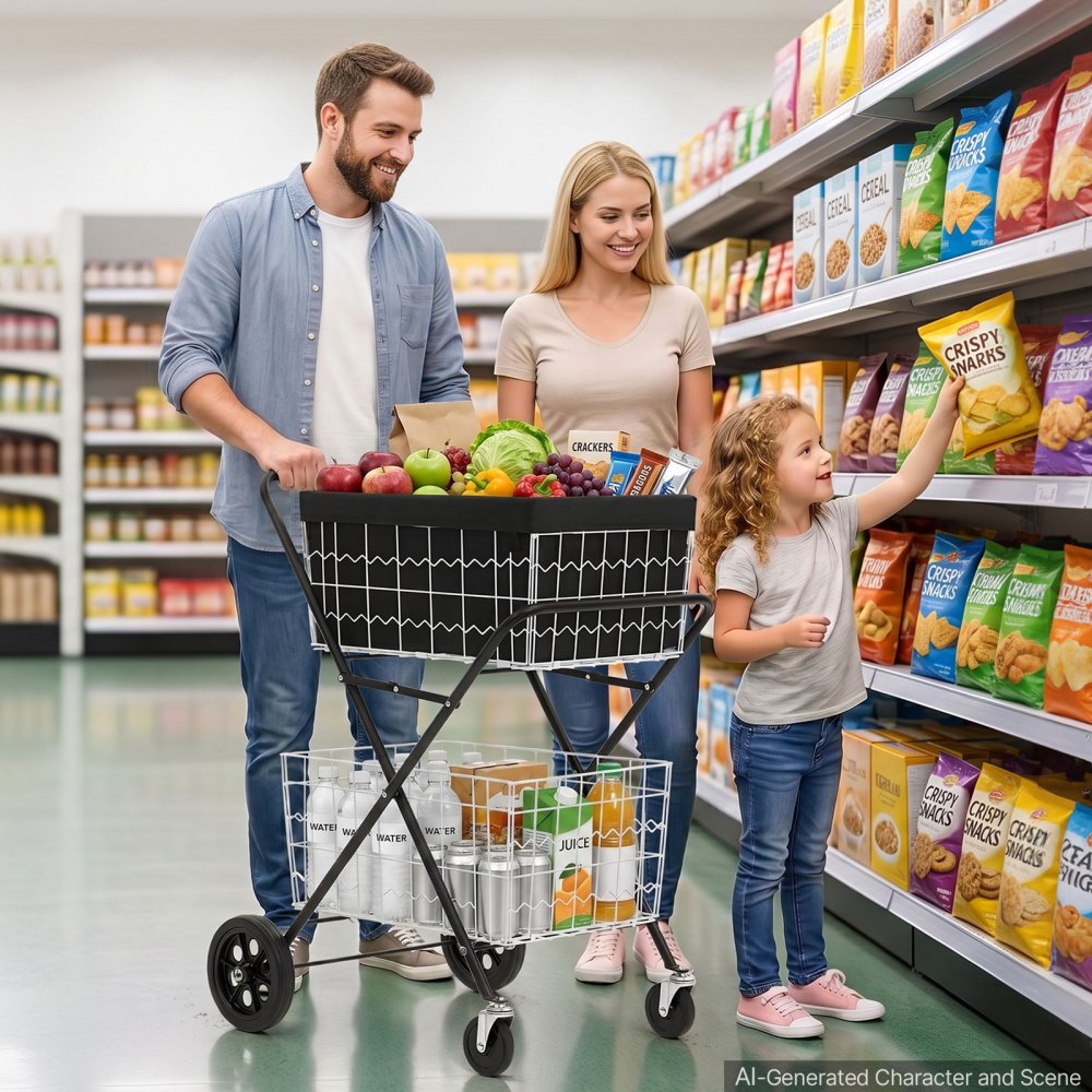 VEVOR Shopping Cart 2-Tier with Wheels Foldable for Grocery 88lbs Capacity, Heavy Duty Utility Cart with 2 Detachable Storage Baskets, 360° Rolling Swivel Wheels, for Groceries, Warehouse, Supermarket