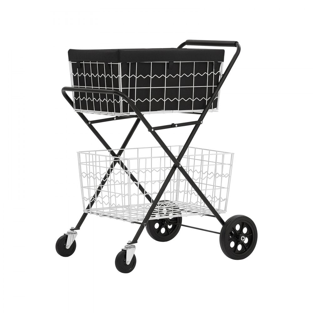 VEVOR Shopping Cart 2-Tier with Wheels Foldable for Grocery 88lbs Capacity, Heavy Duty Utility Cart with 2 Detachable Storage Baskets, 360° Rolling Swivel Wheels, for Groceries, Warehouse, Supermarket
