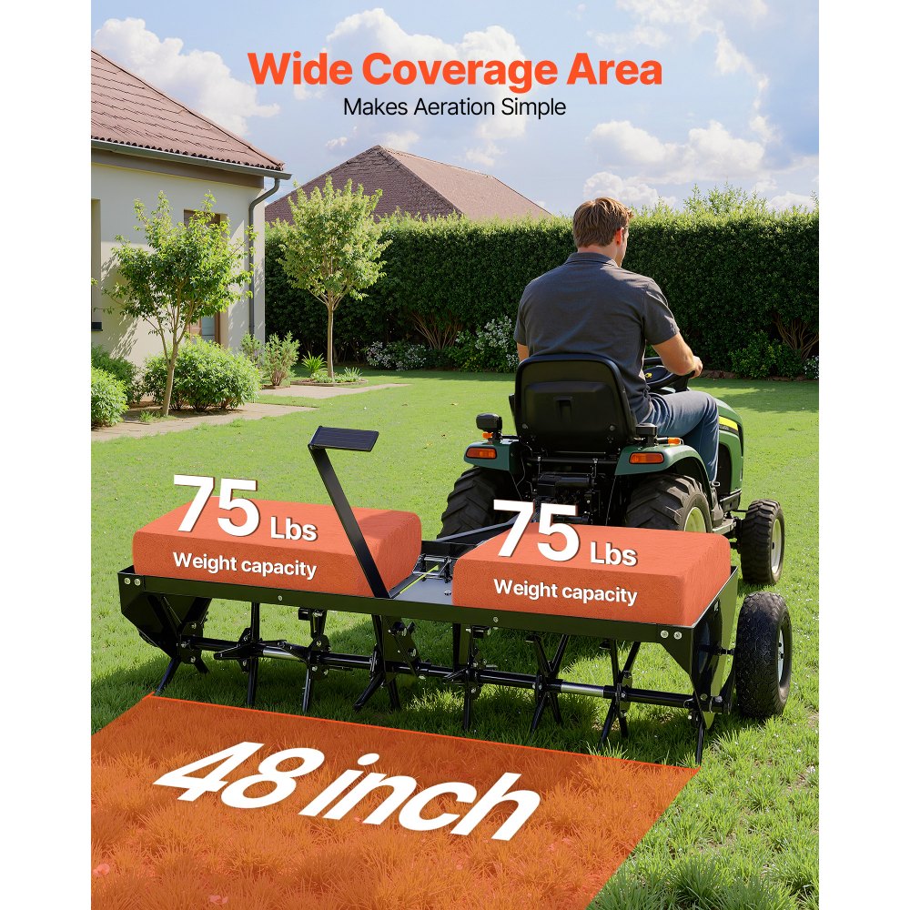 VEVOR Tow Behind Plug Aerator, 48 in Lawn Core Aerator Tool Universal Hitch, 150lbs Weight Capacity, Heavy Duty Pull Behind Spike Aerators with Tray & 10.6 in Wheels, for Farmland & Garden Tractors