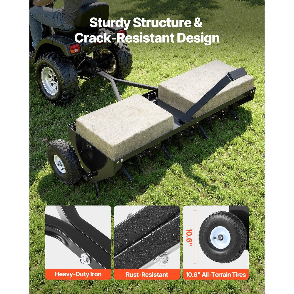 VEVOR Tow Behind Plug Aerator, 48 in Lawn Core Aerator Tool Universal Hitch, 150lbs Weight Capacity, Heavy Duty Pull Behind Spike Aerators with Tray & 10.6 in Wheels, for Farmland & Garden Tractors