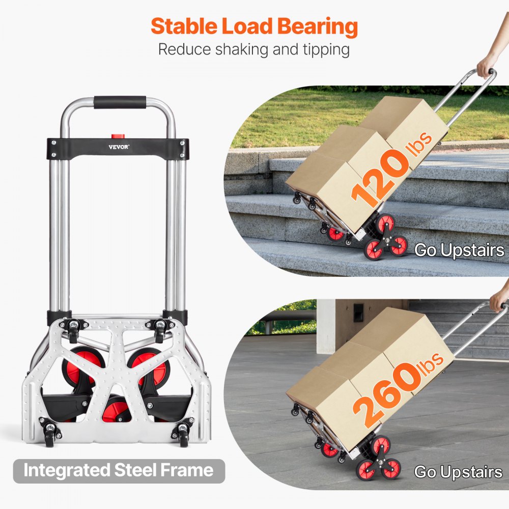 VEVOR Stair Climbing Cart, 260 lbs Capacity Stair Climber Hand Truck and Dolly, Heavy-Duty Folding Trolley Cart with Telescoping Handle, 10 Wheels & 2 Elastic Ropes for Home Shopping Moving Warehouse