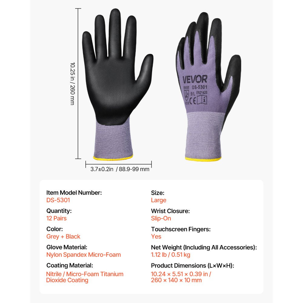 Work Gloves 12 Pairs Touch Screen Nitrile-Coated Garden Construction Gloves