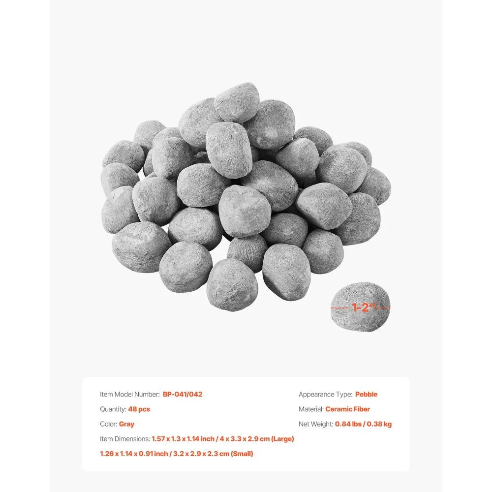VEVOR Ceramic Fire Pebble Stones, 1-2 inch 48 Pcs Lava Rocks, Reusable Fire Pit Stones Indoor and Outdoor Use, Decorative Firepit Rocks for Propane/Gas Fireplace, Stove, Courtyard, Camping