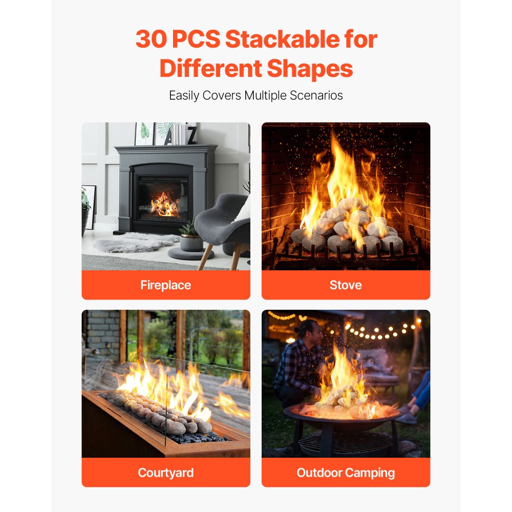 VEVOR Ceramic Fire Pebble Stones, 2-3 inch 30 Pcs Lava Rocks, Reusable Fire Pit Stones Indoor and Outdoor Use, Decorative Firepit Stone for Propane/Gas Fireplace, Stove, Courtyard, Camping