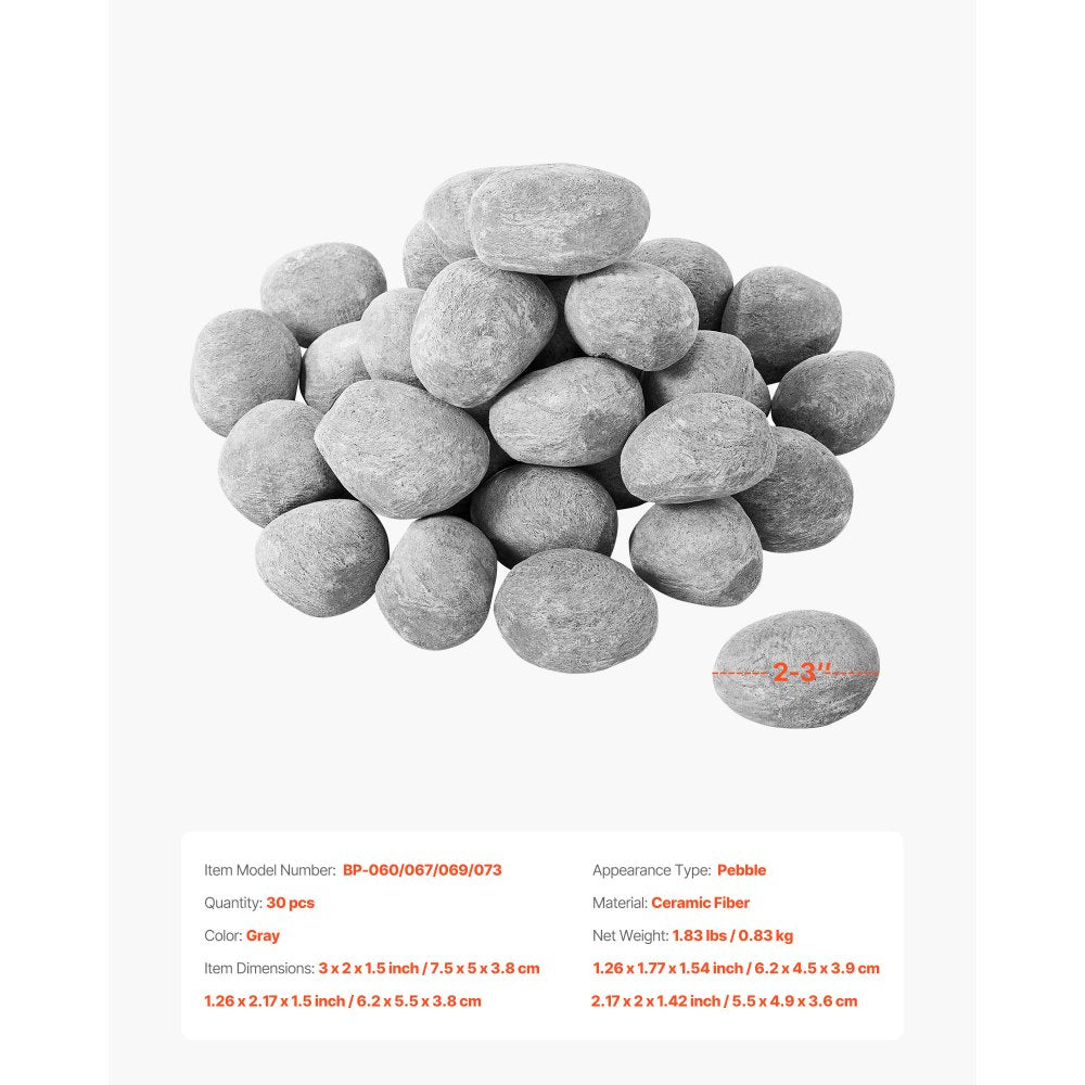 VEVOR Ceramic Fire Pebble Stones, 2-3 inch 30 Pcs Lava Rocks, Reusable Fire Pit Stones Indoor and Outdoor Use, Decorative Firepit Stone for Propane/Gas Fireplace, Stove, Courtyard, Camping