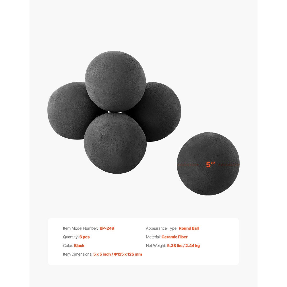 VEVOR Ceramic Fire Balls, 5 Inch 6 Pcs Round Fire Stones, Reusable Lava Rocks Indoor and Outdoor Use, Decorative Fire Pit Rocks for Propane/Gas Fireplace, Stove, Courtyard, Camping, Black