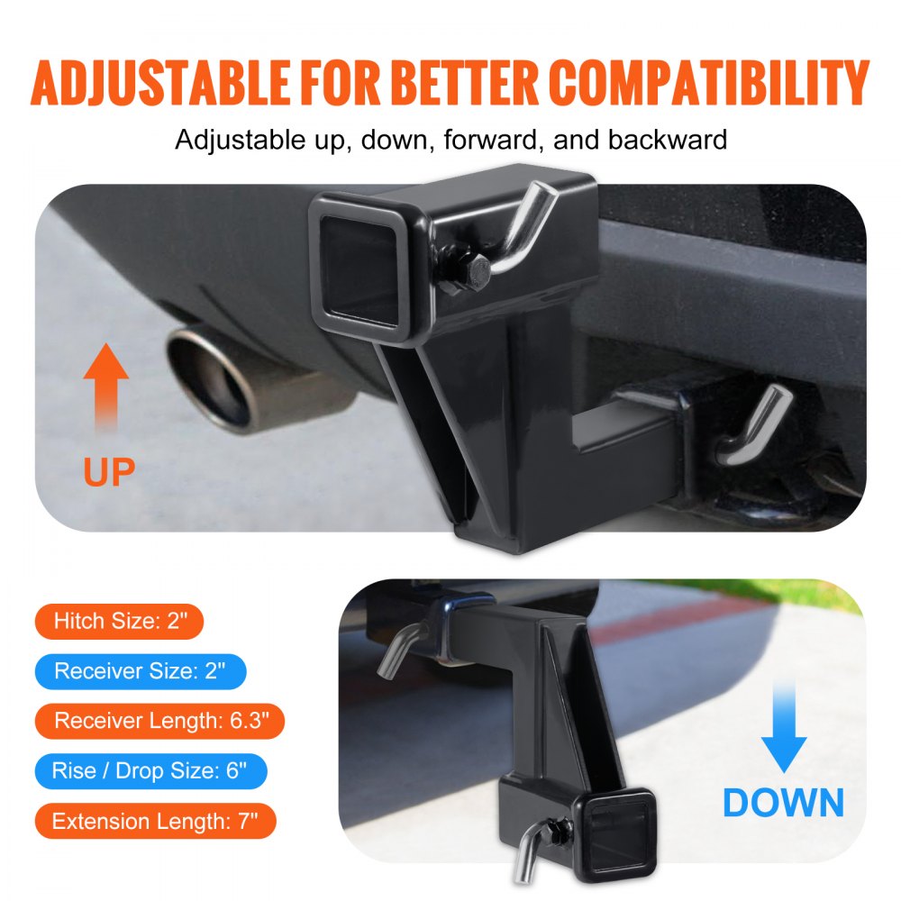 VEVOR Trailer Hitch Riser, for 2" Receiver with 6" Rise/Drop, Trailer Receiver Hitch Extender Extension Adapter, 7" and 9" Extension Length, 4000 lbs Max Towing Capacity, Hitch Pins Included, Black