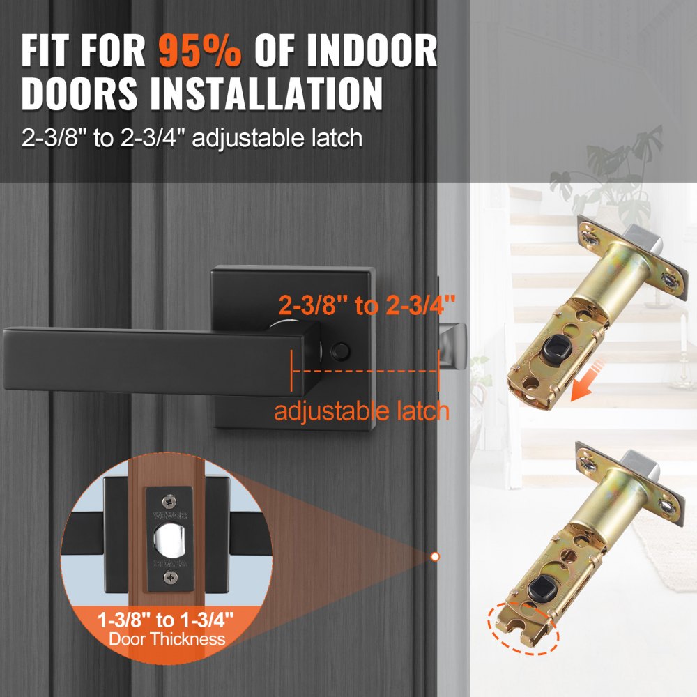 VEVOR Passage Door Handle, 1 Pack Matte Black Door Lever, Left or Right Handing Reversible Lever Non-Locking, 45° Rotation to Open, Universal Square Interior for Hallways, Closets, Meeting Spaces