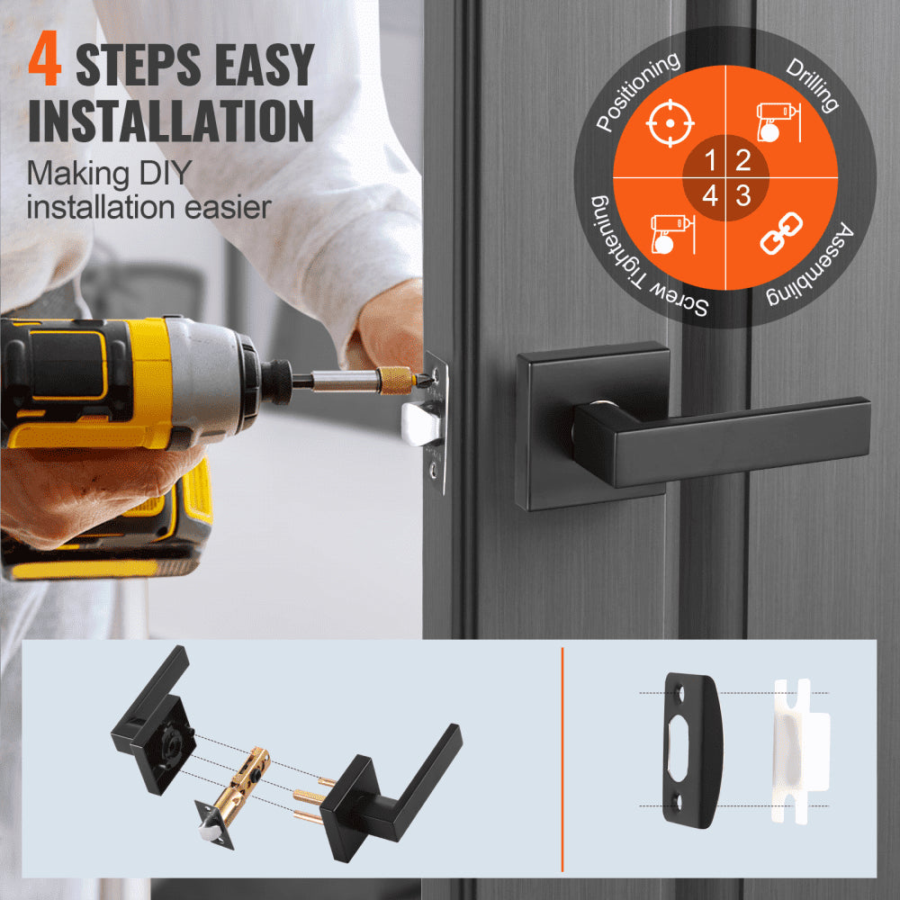 VEVOR Passage Door Handle, 5 Pack Matte Black Door Lever, Left or Right Handing Reversible Lever Non-Locking, 45° Rotation to Open, Universal Square Interior for Hallways, Closets, Meeting Spaces