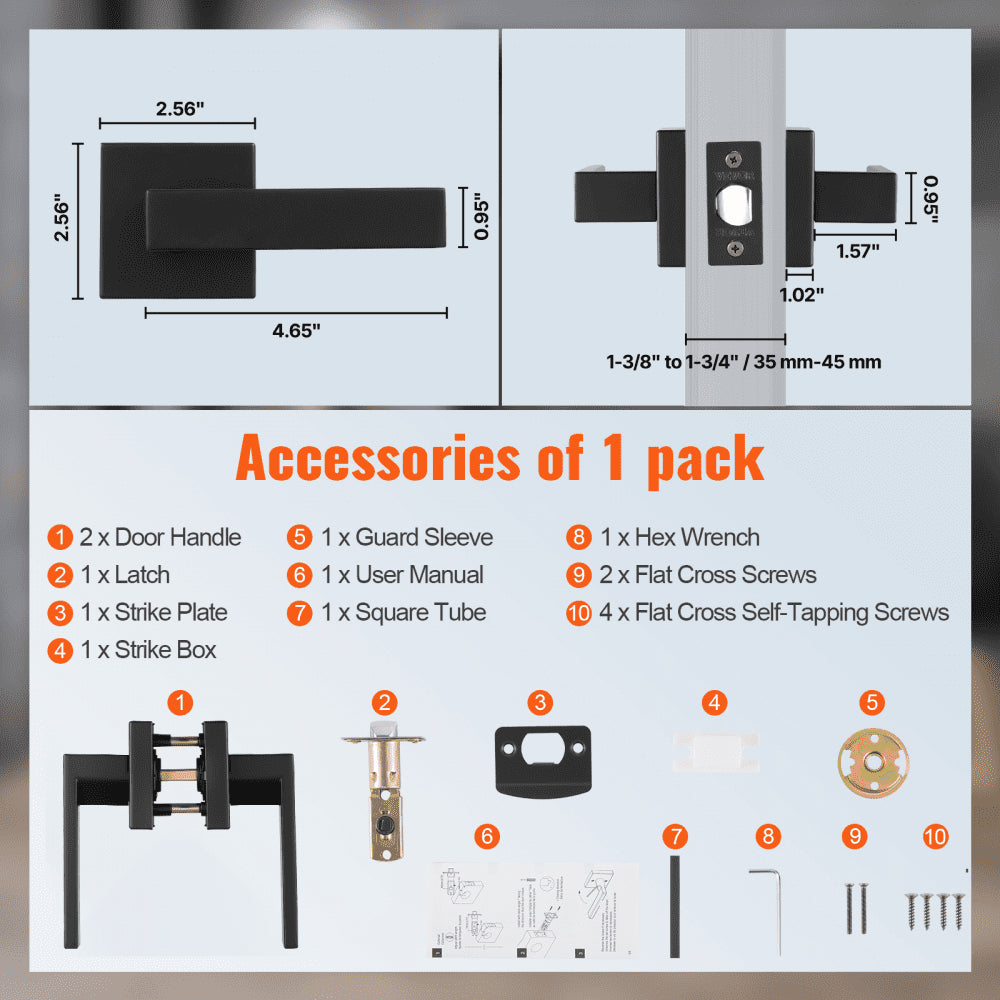 VEVOR Passage Door Handle, 6 Pack Matte Black Door Lever, Left or Right Handing Reversible Lever Non-Locking, 45° Rotation to Open, Universal Square Interior for Hallways, Closets, Meeting Spaces