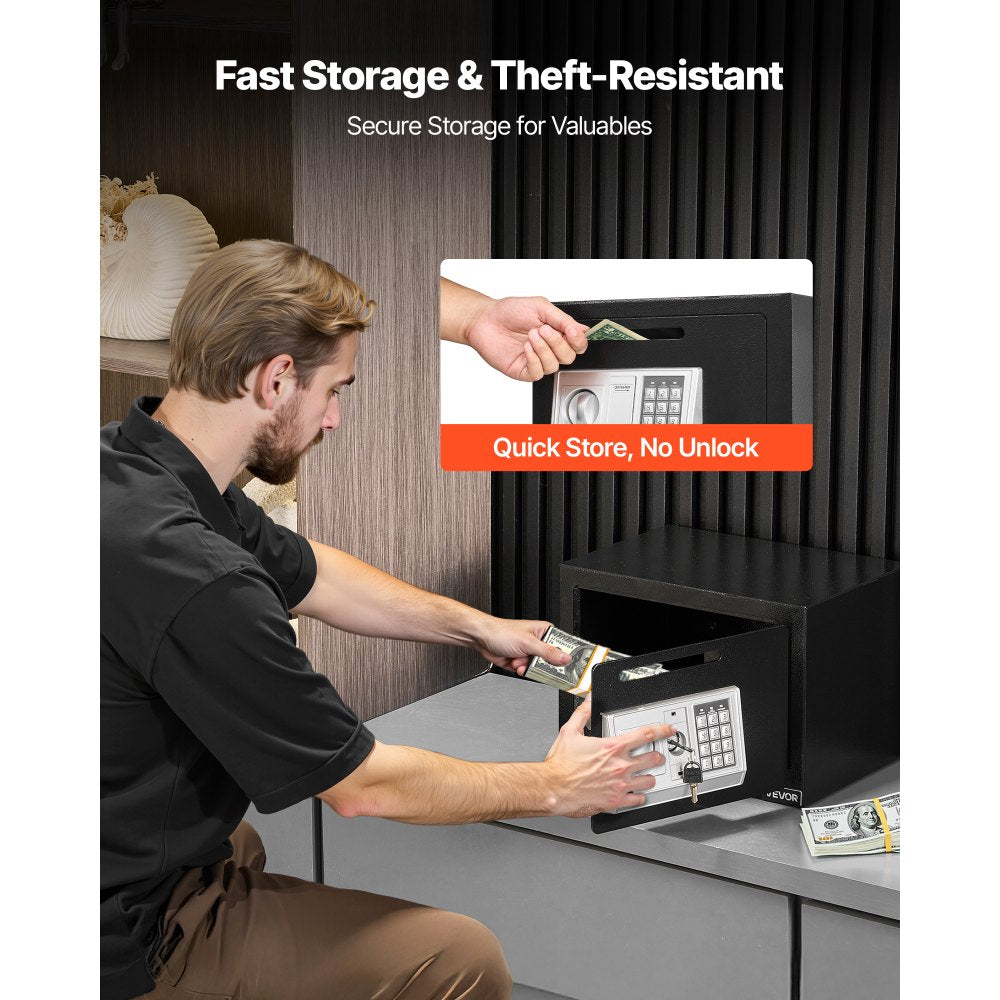 VEVOR 0.6 Cubic Feet Drop Safe, Drop Slot Safe Box with Password and Turn Knob, Heavy Duty Compact Cash Depository Box with a Front Lock Slot for Cash, Bank Slips, Jewelry, Documents, Bills, Black