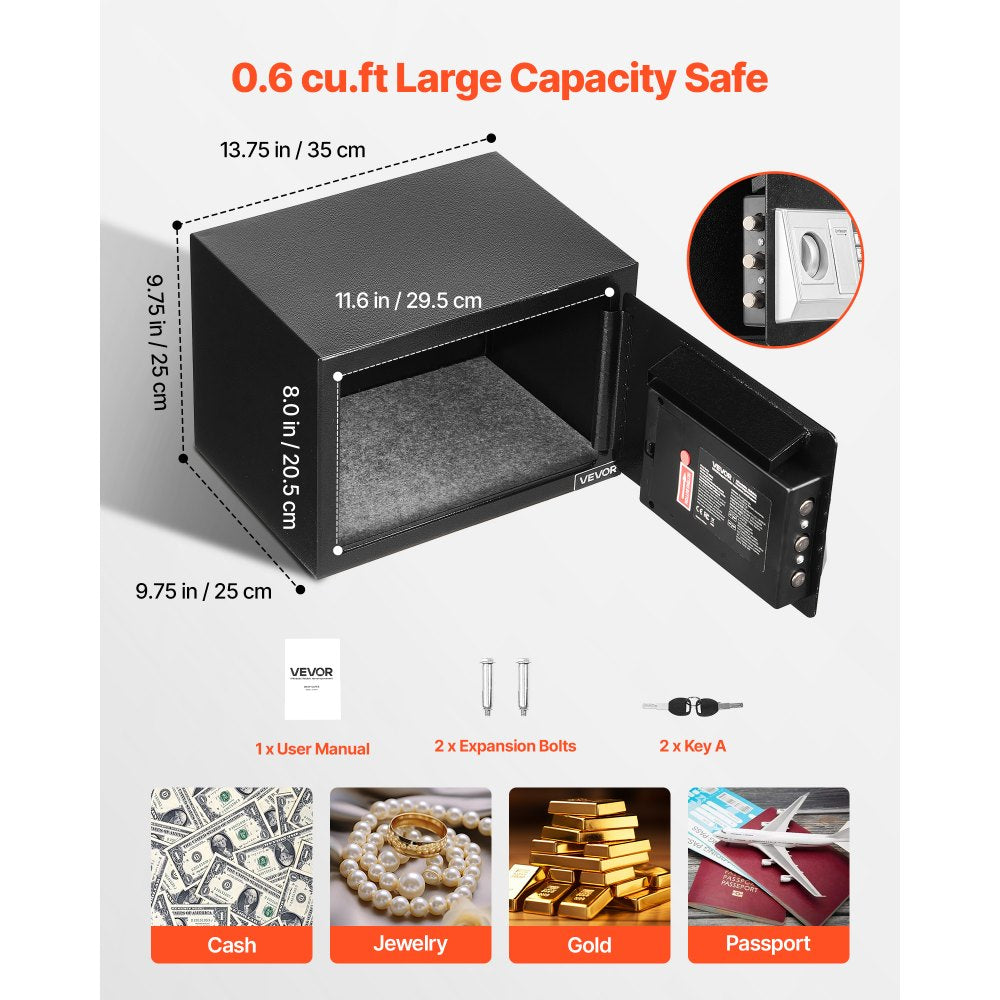 VEVOR 0.6 Cubic Feet Drop Safe, Drop Slot Safe Box with Password and Turn Knob, Heavy Duty Compact Cash Depository Box with a Front Lock Slot for Cash, Bank Slips, Jewelry, Documents, Bills, Black