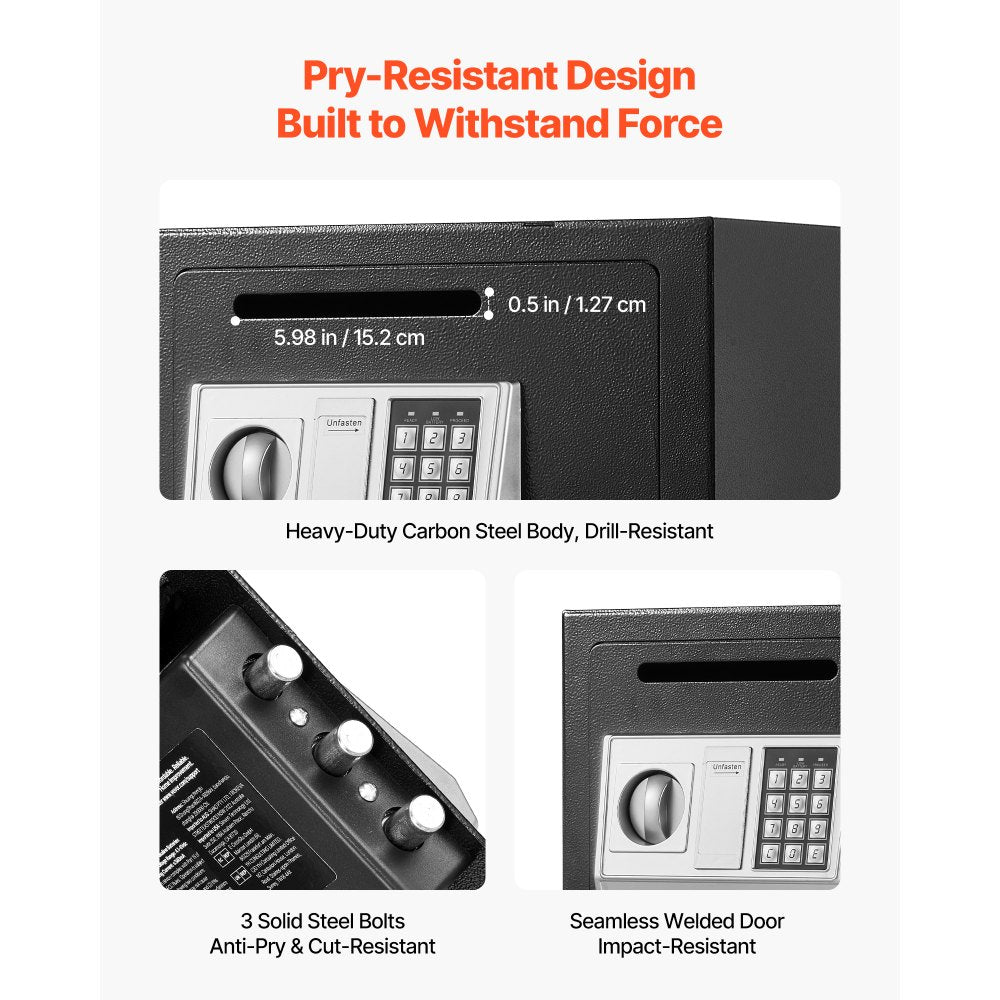 VEVOR 0.6 Cubic Feet Drop Safe, Drop Slot Safe Box with Password and Turn Knob, Heavy Duty Compact Cash Depository Box with a Front Lock Slot for Cash, Bank Slips, Jewelry, Documents, Bills, Black