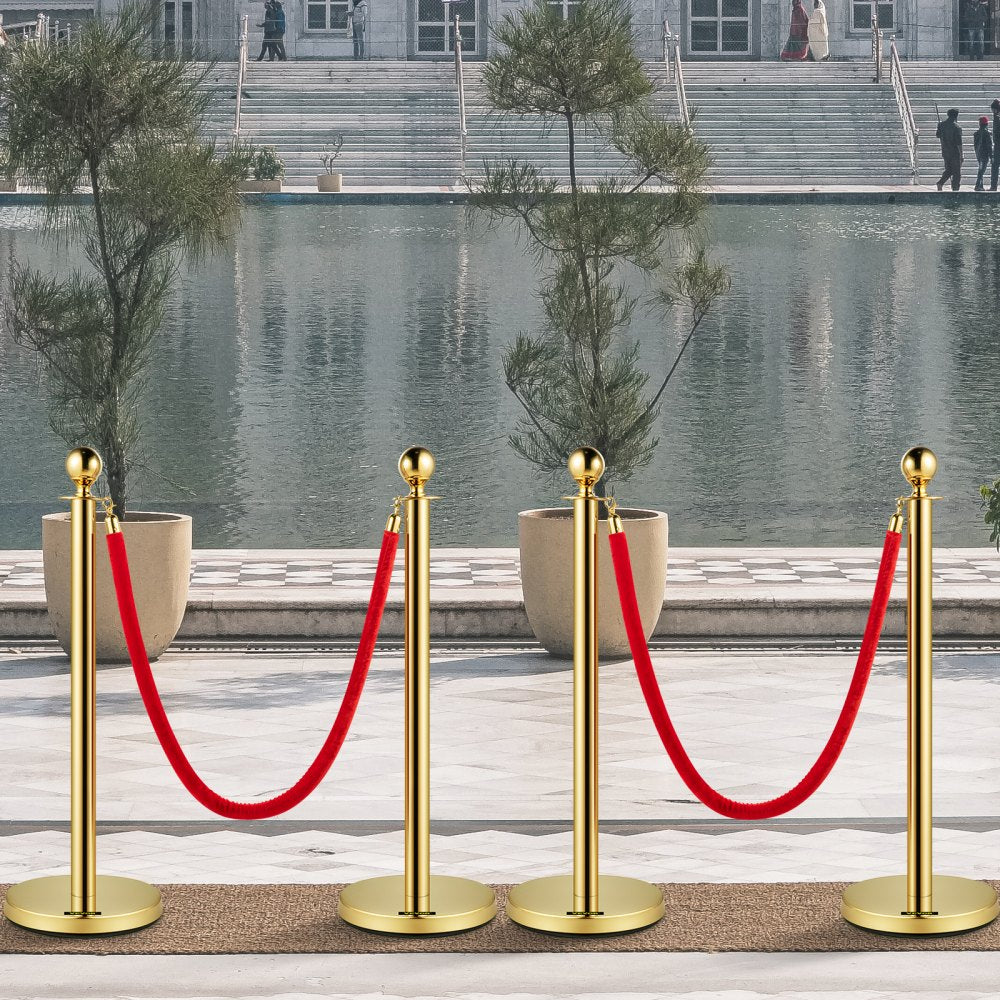 VEVOR Velvet Ropes and Posts, 5 ft/1.5 m Red Rope, Stainless Steel Gold Stanchion with Ball Top, Red Crowd Control Barrier Used for Theaters, Party, Wedding, Exhibition, Ticket Offices 4 packSets
