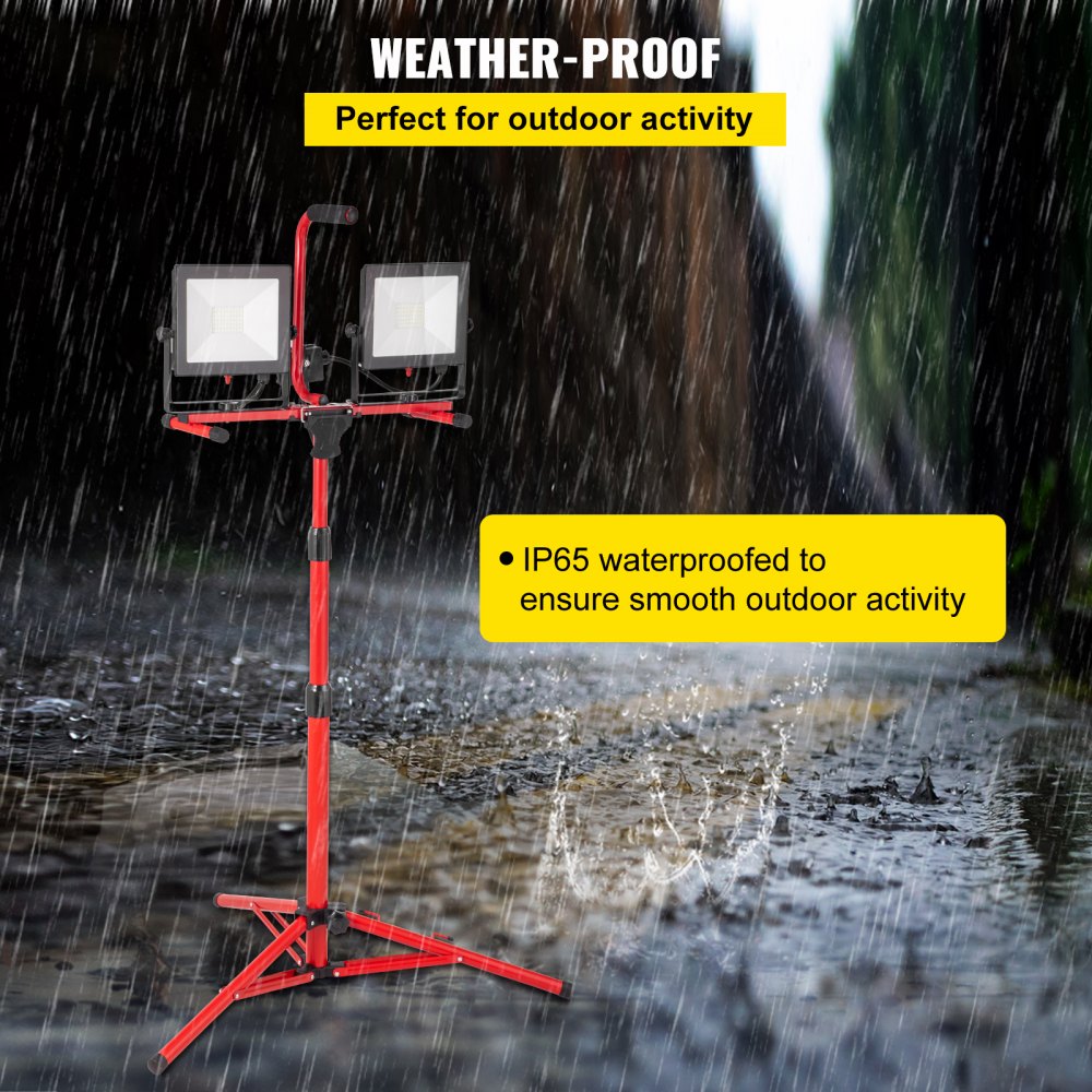 VEVOR LED Work Light with Stand, 2PCS 10000 Lumen Dual-head LED Work Light with 27.6\"-68.1\" Adjustable and Foldable Tripod Stand, IP65 Waterproofed LED Tripod Work Light, with 5000 K Color Temperatu