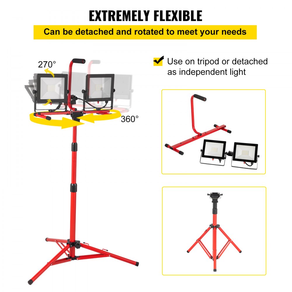 VEVOR LED Work Light with Stand, 2PCS 10000 Lumen Dual-head LED Work Light with 27.6\"-68.1\" Adjustable and Foldable Tripod Stand, IP65 Waterproofed LED Tripod Work Light, with 5000 K Color Temperatu